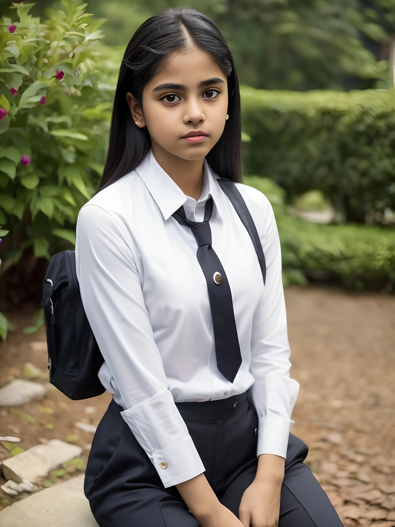 Make Indian girl big thighs cute face and beautiful in school uniform which is white shirt with black tie and black trouser and make shirt look tight and trouser also...... Shirt should be looking tight and trouser also ... She should look cute and make her close potrait