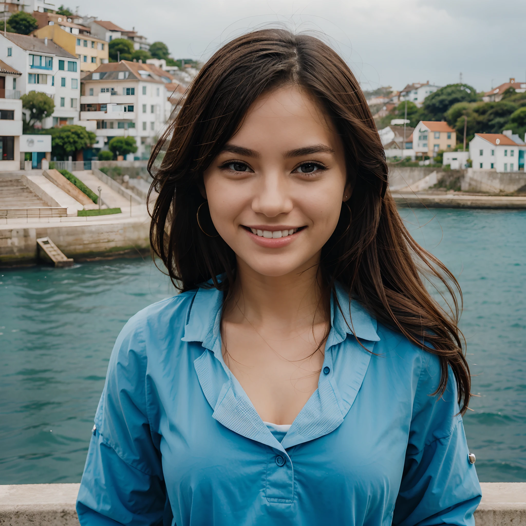 girl smiling, behind a modern city landscape and the sea