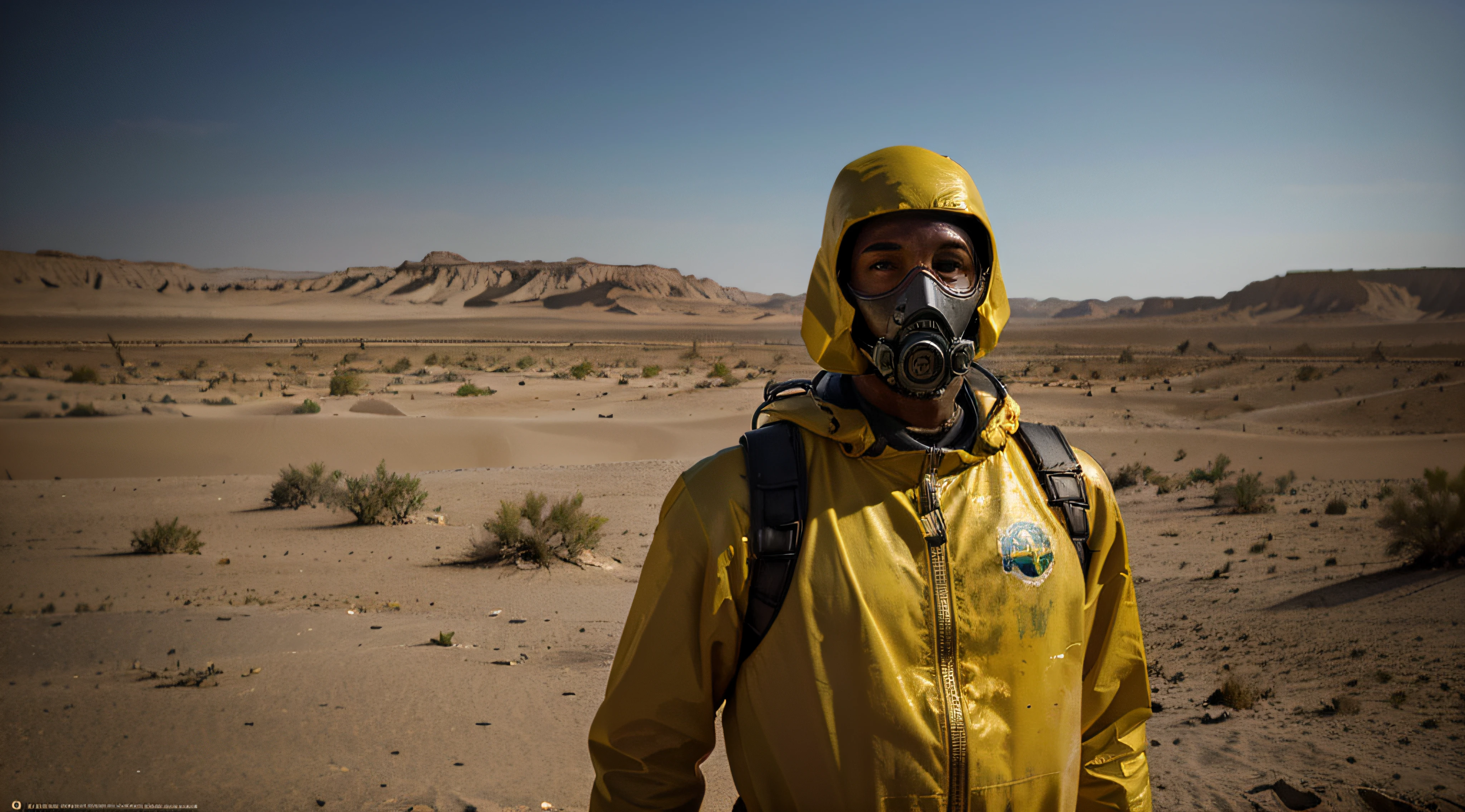 Hyperrealist , fantasy art , photo realistic , 1 guy with a full HAZMAT Suit, model h gaz mask Respiratory covered with glass like STALKER, in the desert yellow color, dynamic envirenement and lighting , dangerous desert background , middle of no where, apocalypse ambiance, very dark envirnement, shot , complet vision