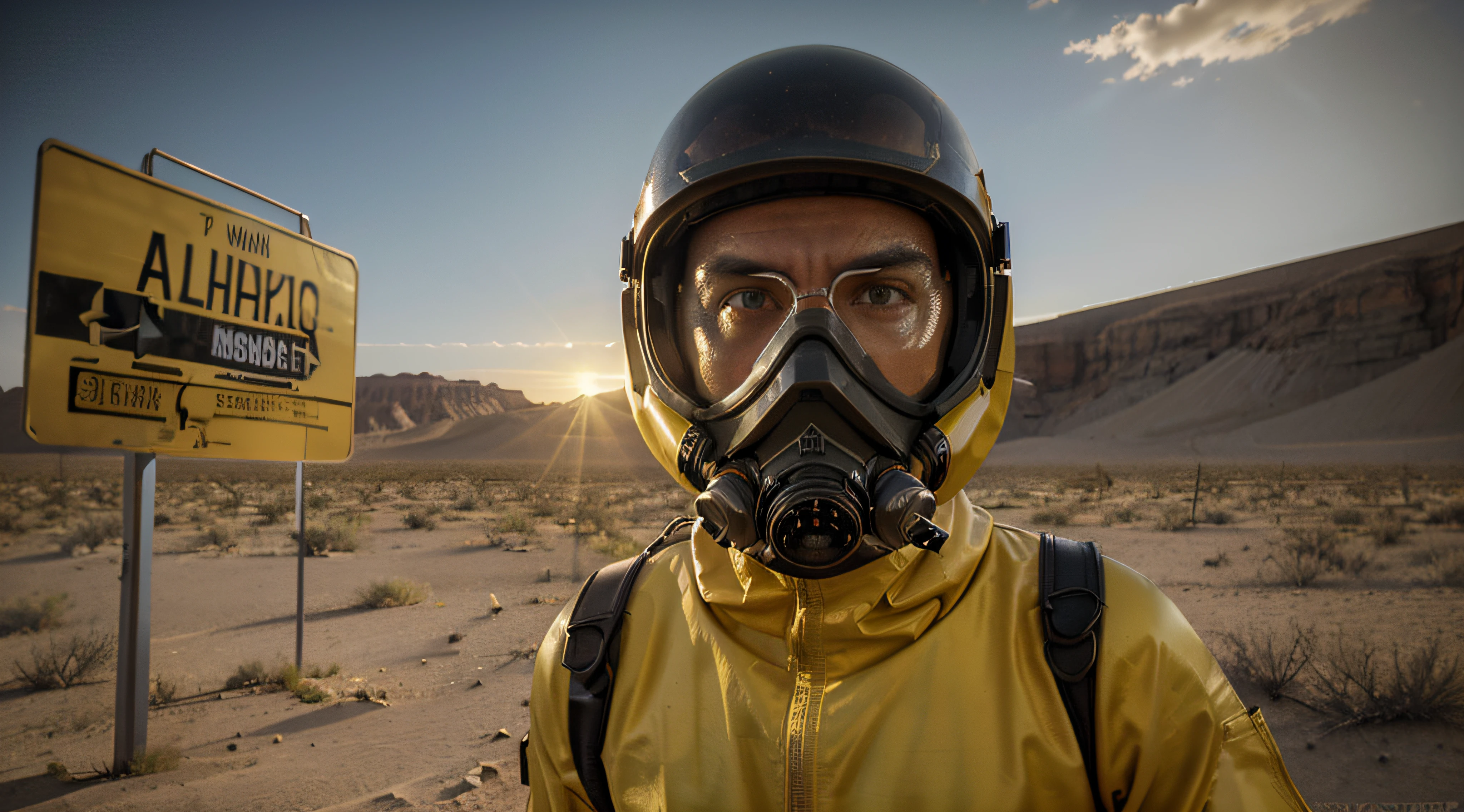Hyperrealist , fantasy art , photo realistic , 1 guy with a full HAZMAT Suit, model h gaz mask Respiratory covered with glass like STALKER, in the desert yellow color, dynamic envirenement and lighting , dangerous desert background , middle of no where, apocalypse ambiance, very dark envirnement, shot , complet vision