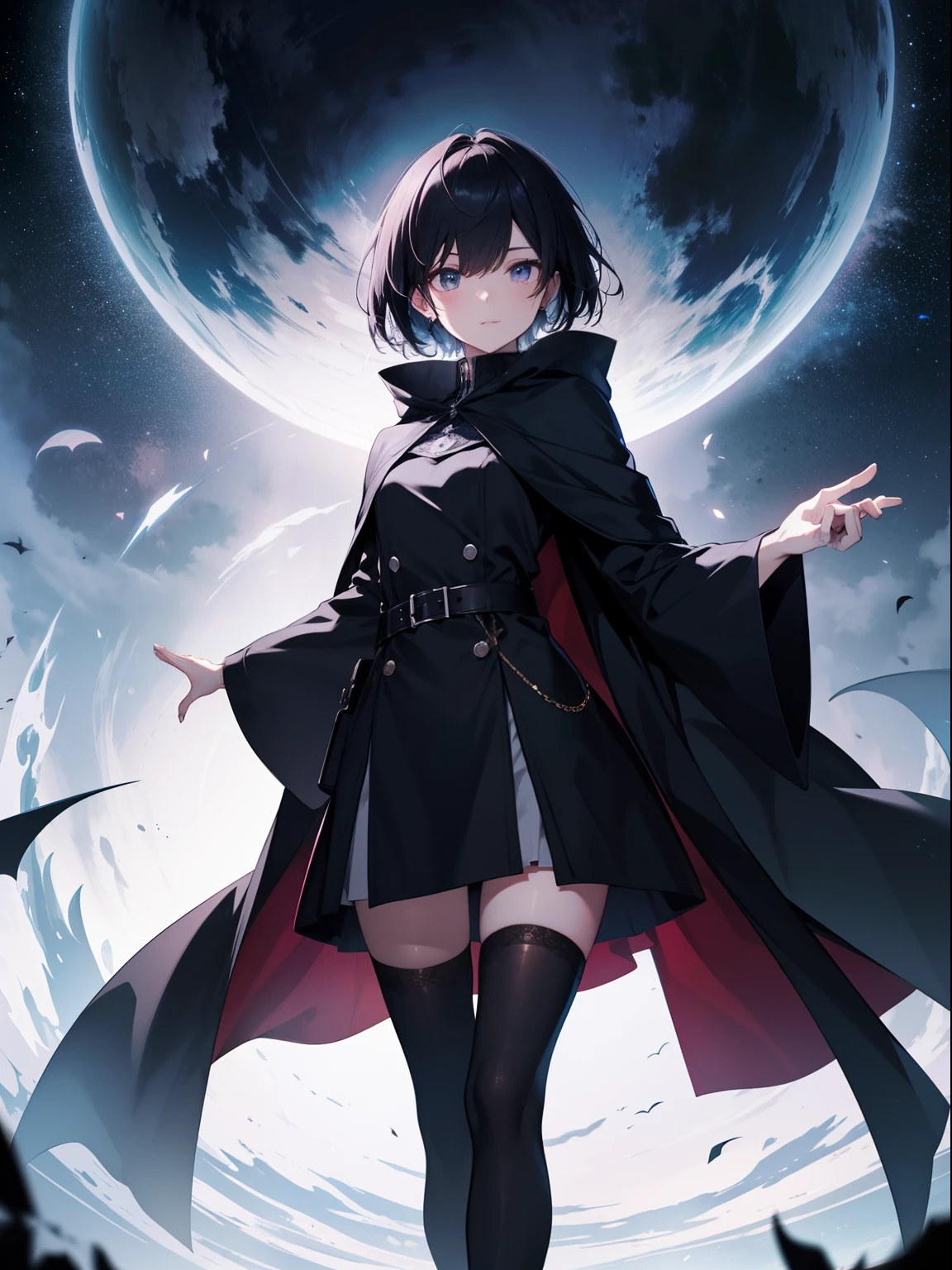The ultra -The high-definition、high-level image quality、top-quality、Full feet and hands、complete fingers、Slender beautiful woman、1 persons、Wear a cloak with a collar、Small Devil、Bery short hair、Black stockings、long boots、nightcity、cinematlic lighting