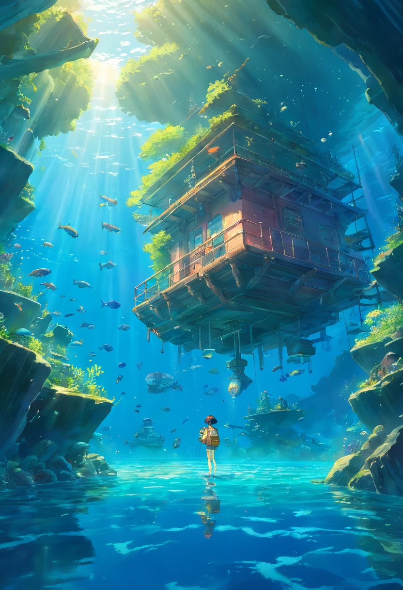 (A high resolution:1.2,hyper HD,Underwater),Amy Ross,Scuba diving,shipwreck,Clear space,Starcloud,Fish swimming,suns rays,Deep-sea exploration,Adventure,Explore the unknown,Space equipment,Underwater world,Marine life,diver,Depth,underwater photography,Colorful,Remote location,Adventure sports,Shipwreck exploration,Rich biodiversity,Vivid colors,Detailed textures,water Reflections,Sunlight penetrates water,A journey of discovery,depth perception,A thrilling experience