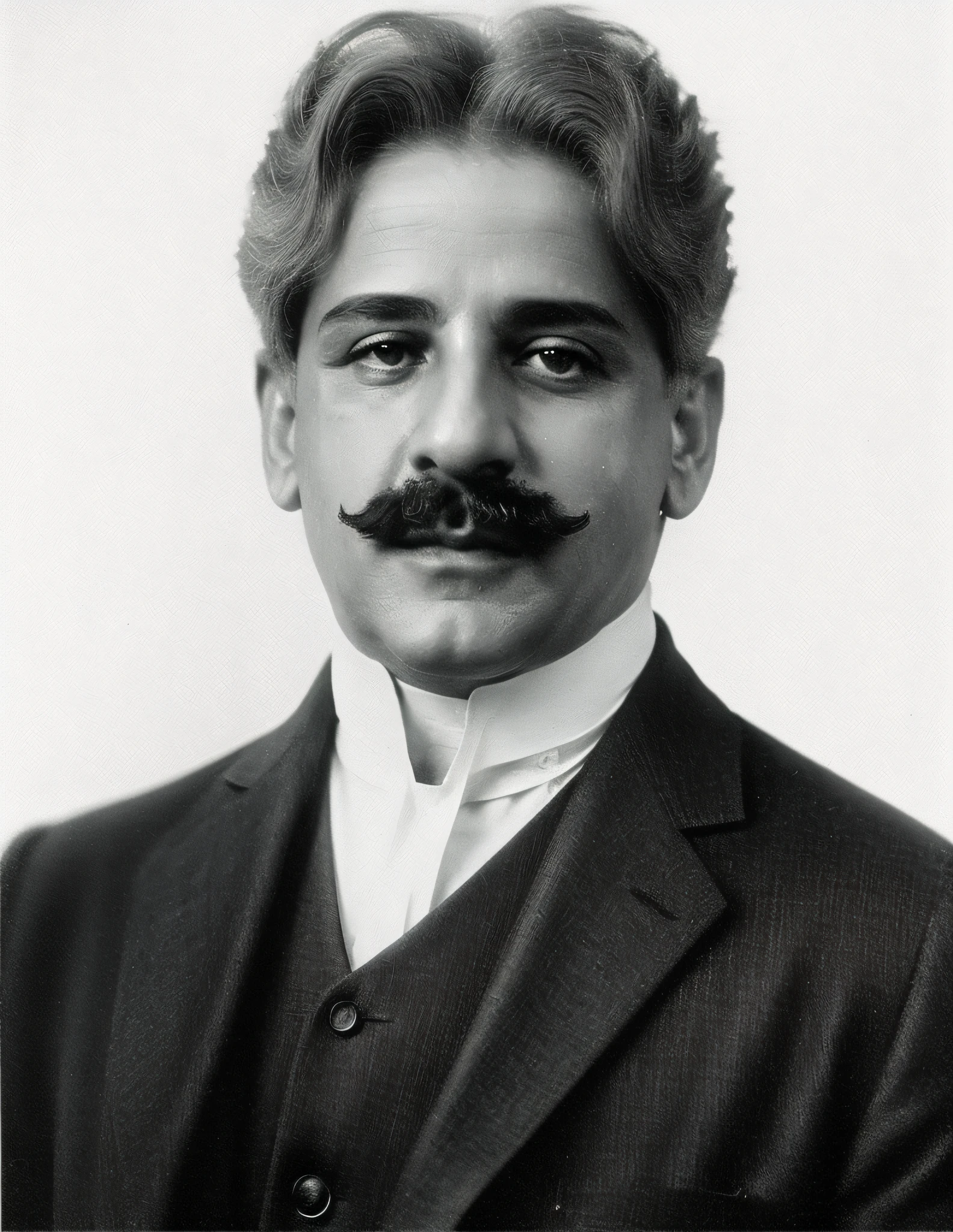 Fazer com que o personagem seja realista, texturas realistas, o penteado do cabelo deve ser exatamente igual ao original, mustache must be identical to the original, Arafed foto em preto e branco de um homem com bigode, Leon Battista Alberti, vittorio matteo corcos, luis ricardo falero, lorenzo vitturi, Fausto de Martini, Furio Tedeschi, vincenzo riccardi, giuseppe dangelico pino, Henry Alvim Correa, Pablo Hurtado de Mendoza