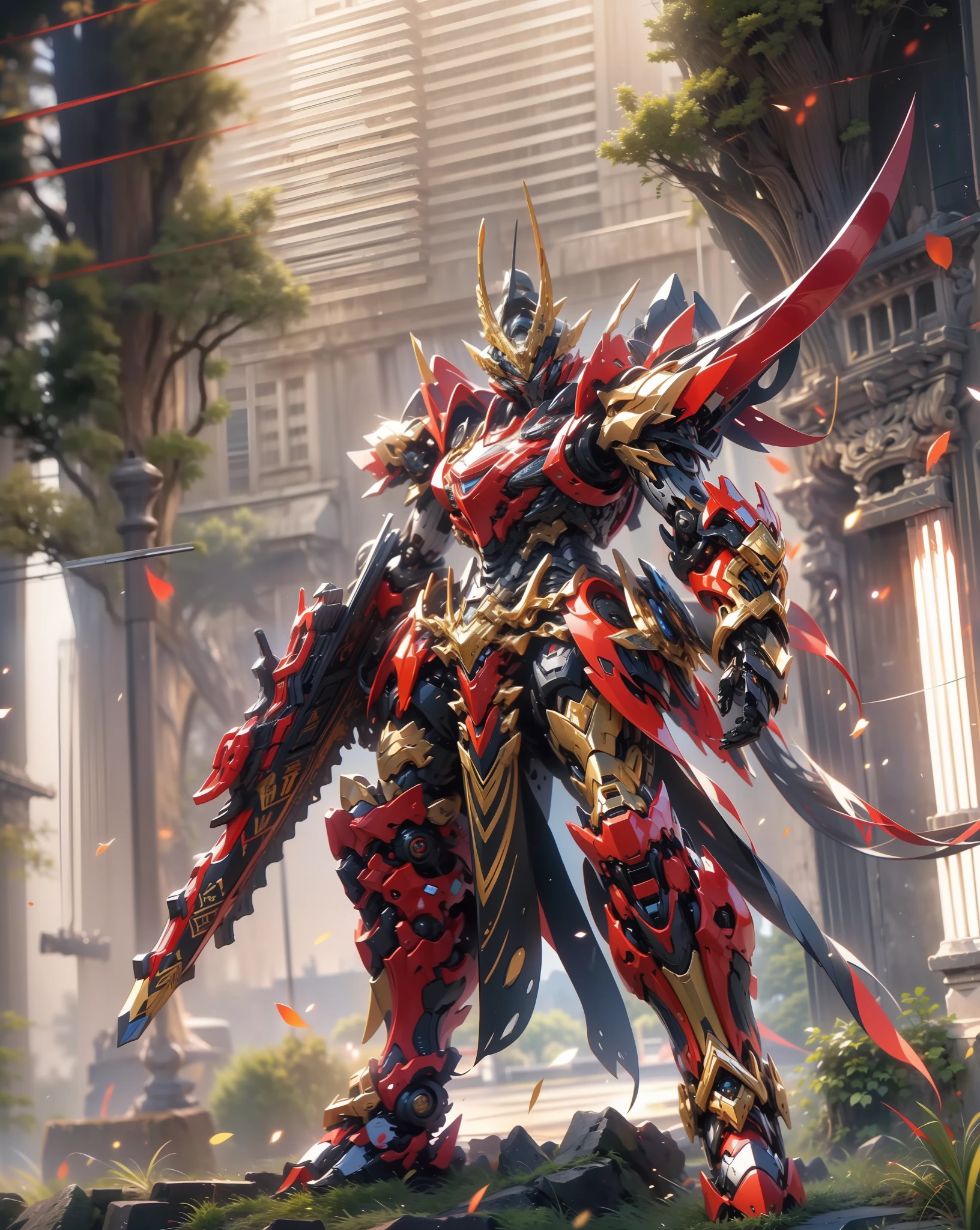 super wide shot, Full body frontal photo,Mecha male warrior，The heroic demeanor of the Three Kingdoms,《Mech color: Red Deep Series》，（《Romance of the Three Kingdoms》，《Lü Bu》，Holding Fang Tian's halberd in his hand，），（Full body mecha）, Keqing from Genshin Impact, (Masterpiece) ， The best quality， High quality，Gold armor，电影灯光， （Exquisite future）， Beautiful and beautiful， Ultra detailed， great composition， Floating， Depth of field， （Very detailed CG，Unity 8k壁纸）， （Beautiful detail background）， dramatic lights， GOGETTA， Mecha，best qualtiy，Ultra-high 8K Ultra HD，digital SLR camera，high qulity，Film particle resolution，