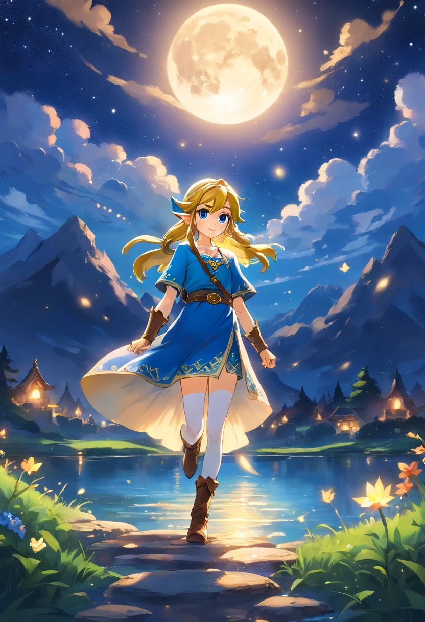 Highly condensed beauty dressed in paintings of stars and moon in the river and sky, concept art inspired by Tosa Mitsuoki, pixiv Competition Winner, Best Quality, Fantasy Art, Beautiful anime scenes, Round of the bright moon, Starry sky environment under moonlight, Dream painting, Anime Background Art, Dream landscape painting, Fantastic night, Anime Background, background artwork, Fantastic art, atmospheric anime, Starry sky, Detail Enhancement.