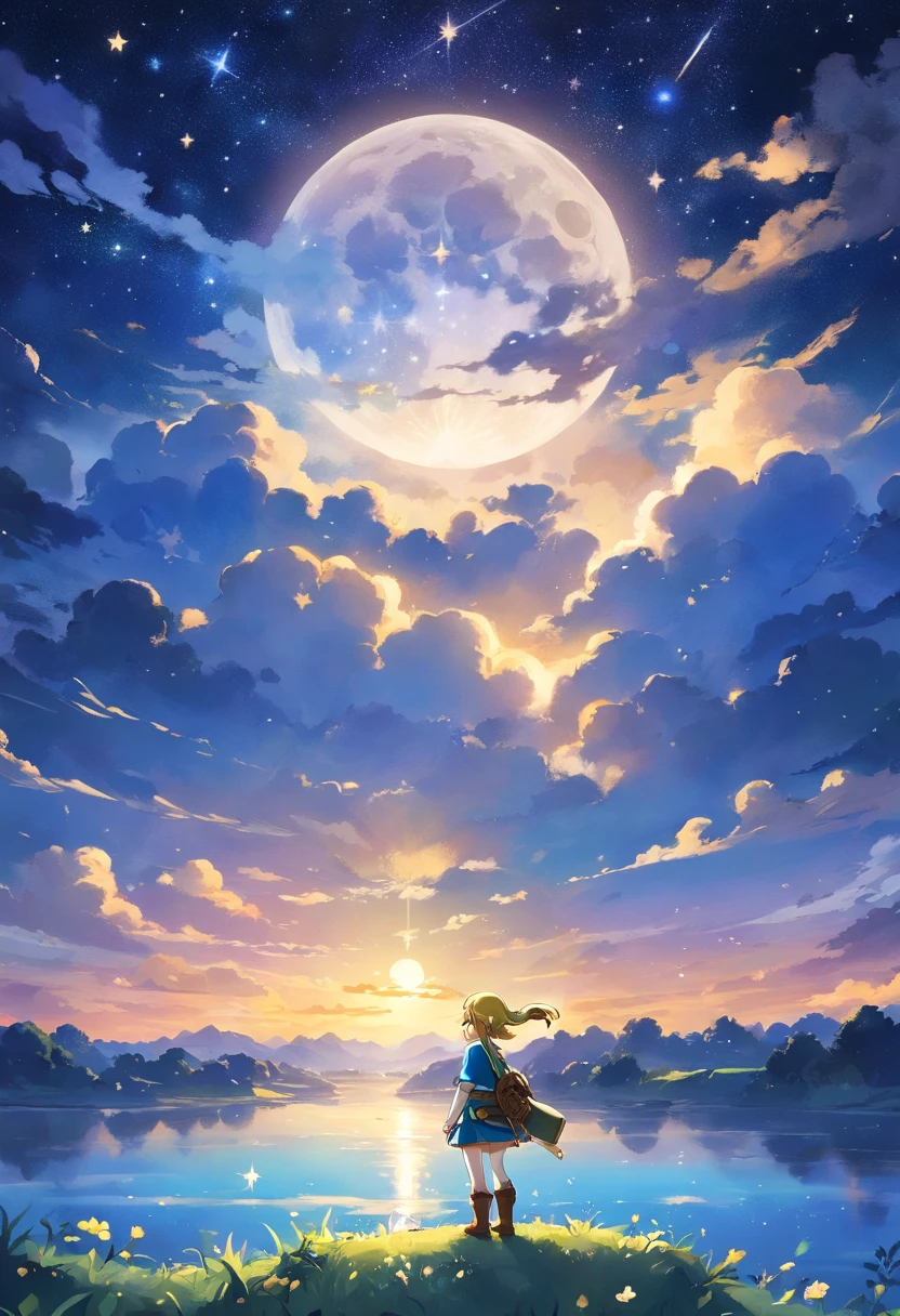 Highly condensed beauty dressed in paintings of stars and moon in the river and sky, concept art inspired by Tosa Mitsuoki, pixiv Competition Winner, Best Quality, Fantasy Art, Beautiful anime scenes, Round of the bright moon, Starry sky environment under moonlight, Dream painting, Anime Background Art, Dream landscape painting, Fantastic night, Anime Background, background artwork, Fantastic art, atmospheric anime, Starry sky, Detail Enhancement.