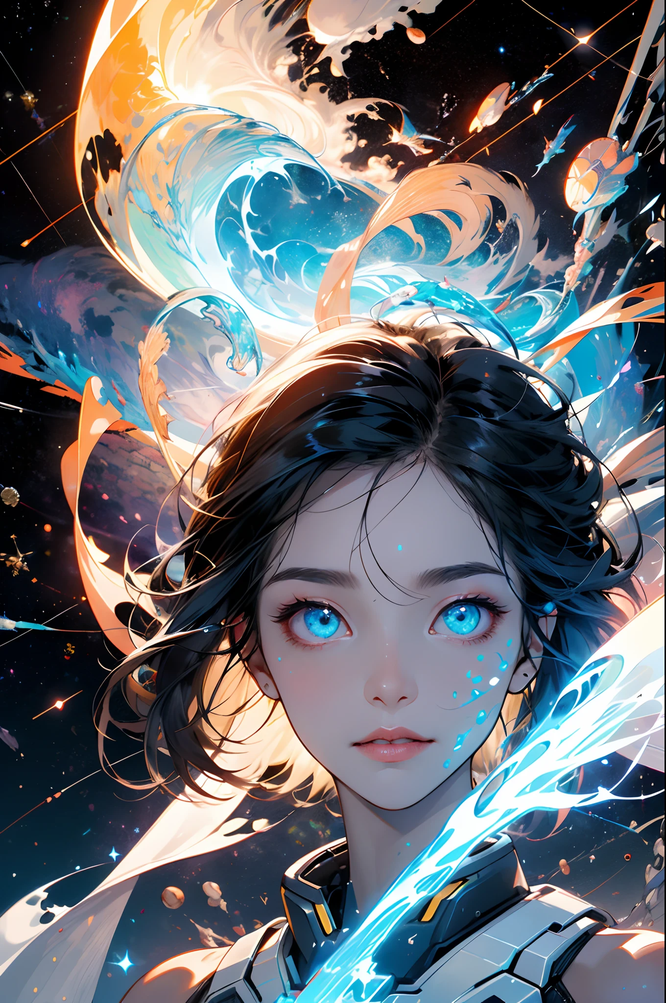 (Inkblot original art:1.2), (linear art:1.31), (finedetail:1.3), RAW-format,  (sport:1.4),
1 girl, Adult (flod:0.7) woman,  Blue eyes, Black prom hairstyle,
  Solo, view the viewer, Detailed background, Detailed face, (Terran artificial intelligence, StarCraft theme:1.1) (Glowing eyes:1.05), Living constellations, constellation, horoscope, at peace, virtuous, Aries, Esoteric geometric patterns, Interstellar power, stars, Bright light green light, Glow,   Metaphysical, enlightening, Floating particles, Cosmic dust,  cosmic space background, dreamy ethereal vibe,