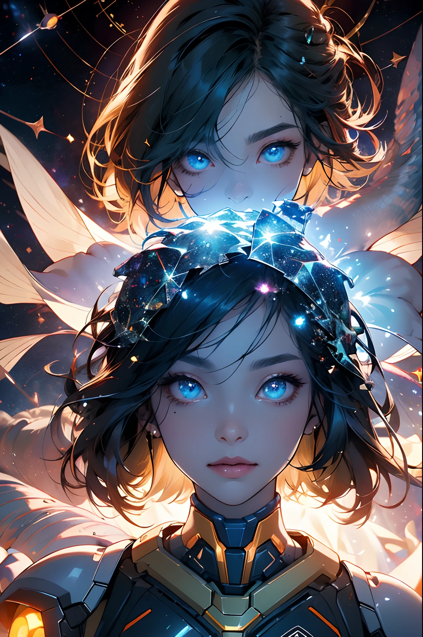(Inkblot original art:1.2), (linear art:1.31), (finedetail:1.3), RAW-format, (sport:1.4),
1 girl, Adult (flod:0.7) woman, Blue eyes, Black prom hairstyle,
Solo, view the viewer, Detailed background, Detailed face, (Terran artificial intelligence, StarCraft theme:1.1) (Glowing eyes:1.05), Living constellations, constellation, horoscope, at peace, virtuous, Aries, Esoteric geometric patterns, Interstellar power, stars, Bright light green light, Glow, Metaphysical, enlightening, Floating particles, Cosmic dust, cosmic space background, dreamy ethereal vibe,