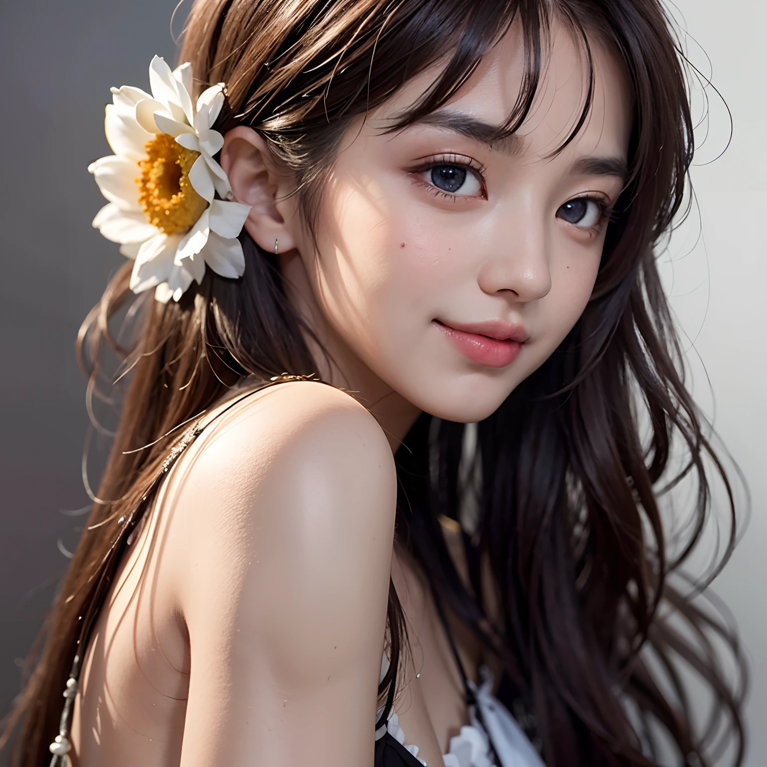 masterpiece, 1 beautiful girls, detaileds, top-quality, 超A high resolution, OriginalPhotographs, 电影灯光, A smile, Asian Beauty, very extremely beautiful, Slightly younger face, Beautiful skins, slender, (A hyper-realistic), (hight resolution), (8K), (ighly detailed), (The best illustrations), (beautifully detailed eyes), (ultra-detailliert), (wall-paper), (详细的脸), fine detailed, A detailed face、pureerosfaceace_v1、46-point diagonal bangs、(Photorealsitic:1.5)、deep-shadows、With a sweet look、Super Detail, Textured skin, tre anatomically correct、masutepiece、demure、cold light、Sexy appearance、Photography Studio、Gray background、A charming smile