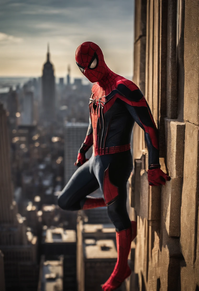 Spiderman standing ontop of the empire state building looking down on NYC as he holds on with one arm, cinematic, dramatic light, golden hour, haze