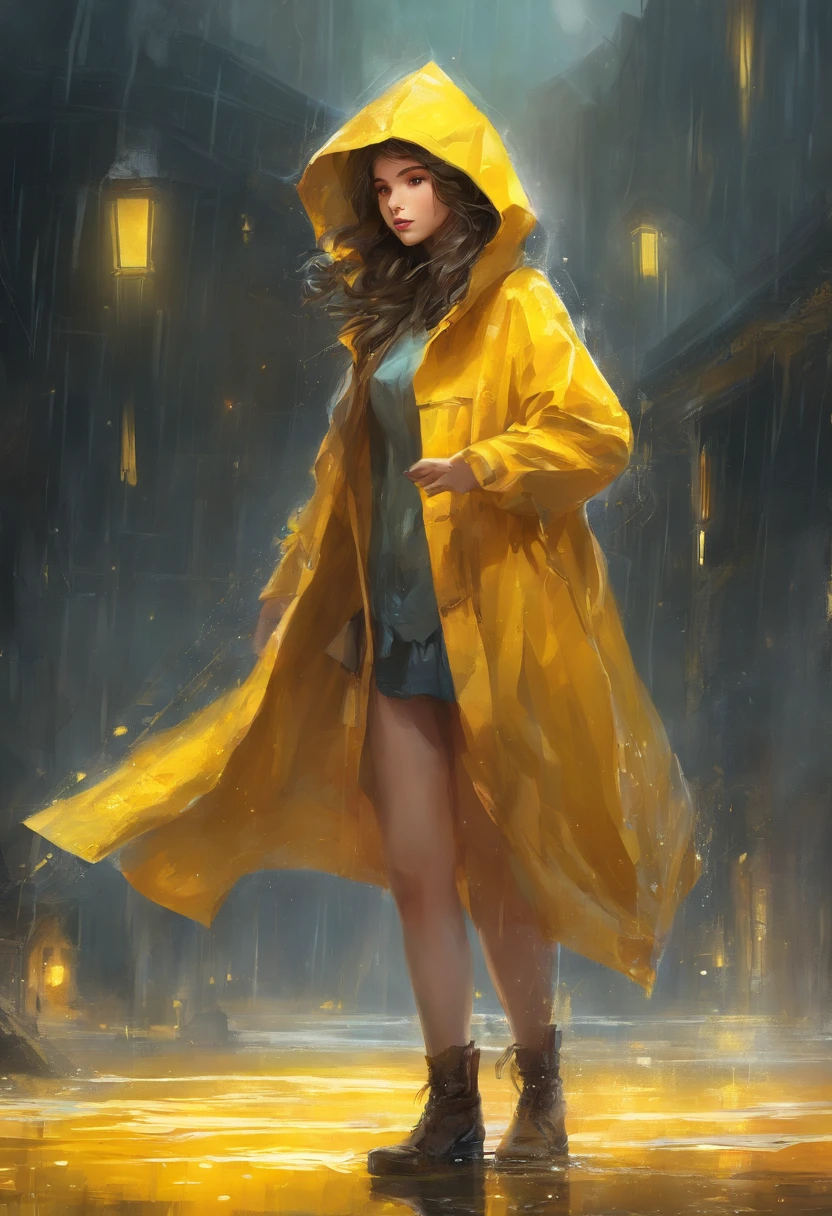 A fifteen-year-old girl，Wear a yellow hooded raincoat，full body pov，Half-kneeling position，Bare legged，Barefoot，Standing in heavy rain，Accentuate the texture of raincoats and gelcoats，Accentuates the translucent texture of the raincoat