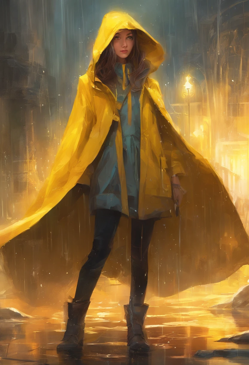 A -year-olrl,Wea yellow hooded raincoat,full body pov,Half-kneeling position,Bare legged,Barefoot,Standing in heavy rain,Accentuate the texture of raincoats and gelcoats,Accentuates the translucent texture of the raincoat