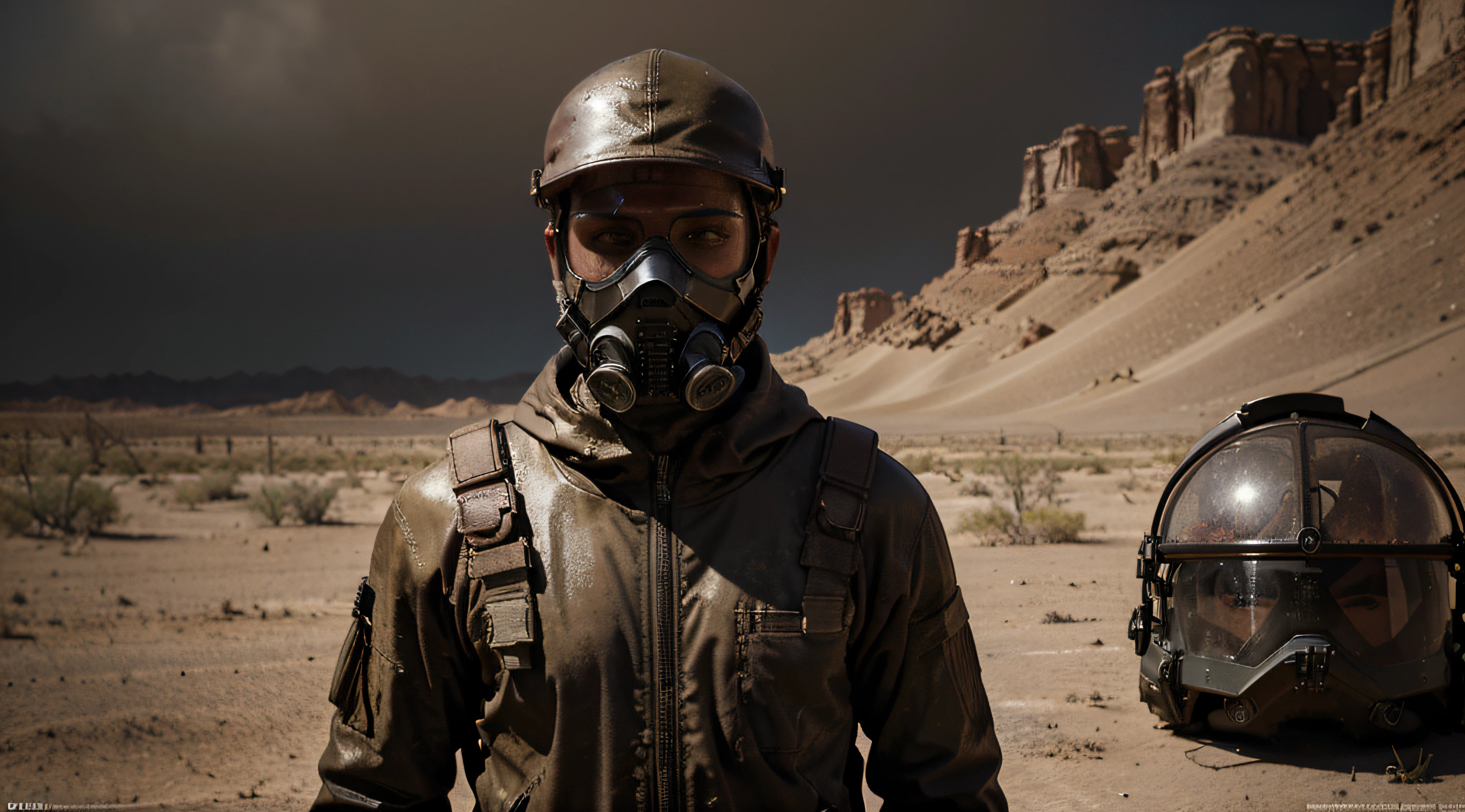 Hyperrealist , fantasy art , photo realistic , 1 guy full Biohazard chimique Suit brown color with cap, model h gaz mask Respiratory covered with glass like STALKER, in the desert, dynamic envirenement and lighting , dangerous desert background , middle of no where, apocalypse ambiance, very dark envirnement, shot , complet vision