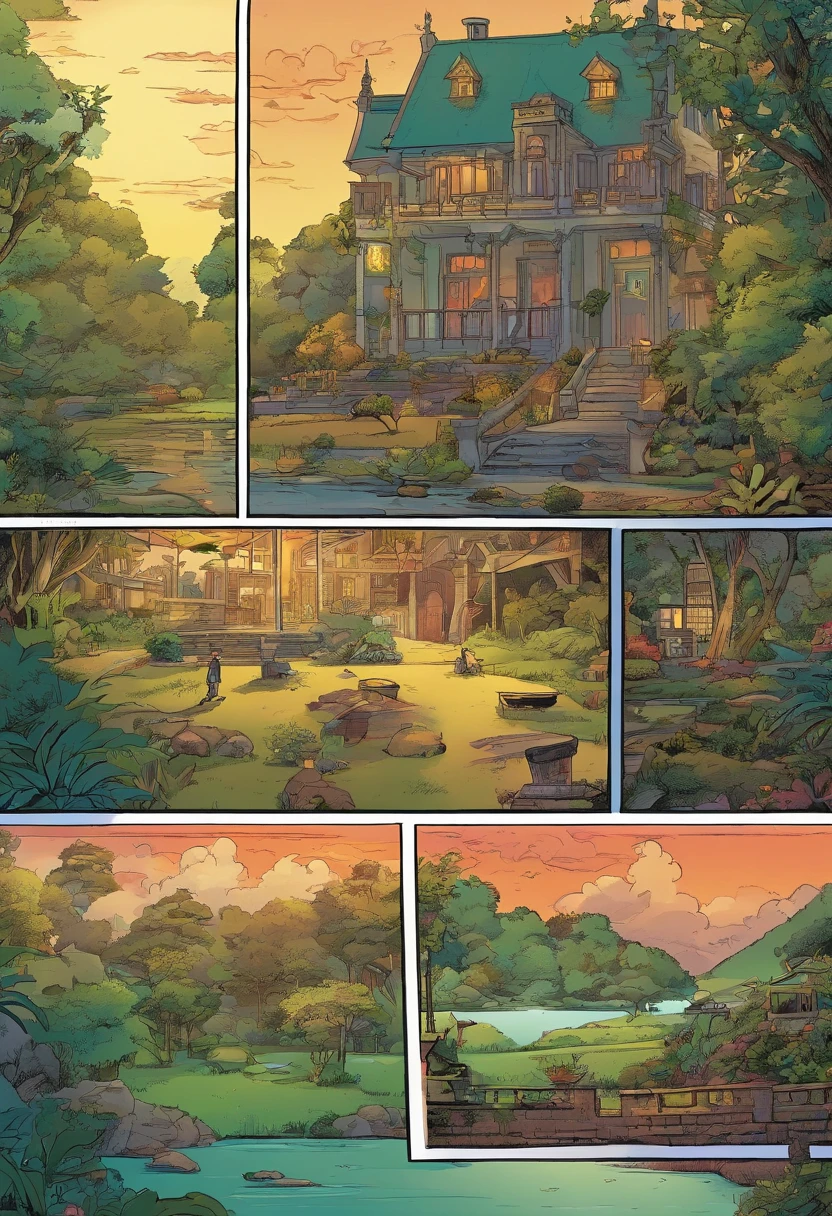 Quadrinhos americanos, The comic is presented in several irregular panels with colors. Um rapaz e uma garota correndo em uma floresta de uma ilha sob o luar da noite, An old mansion in the back