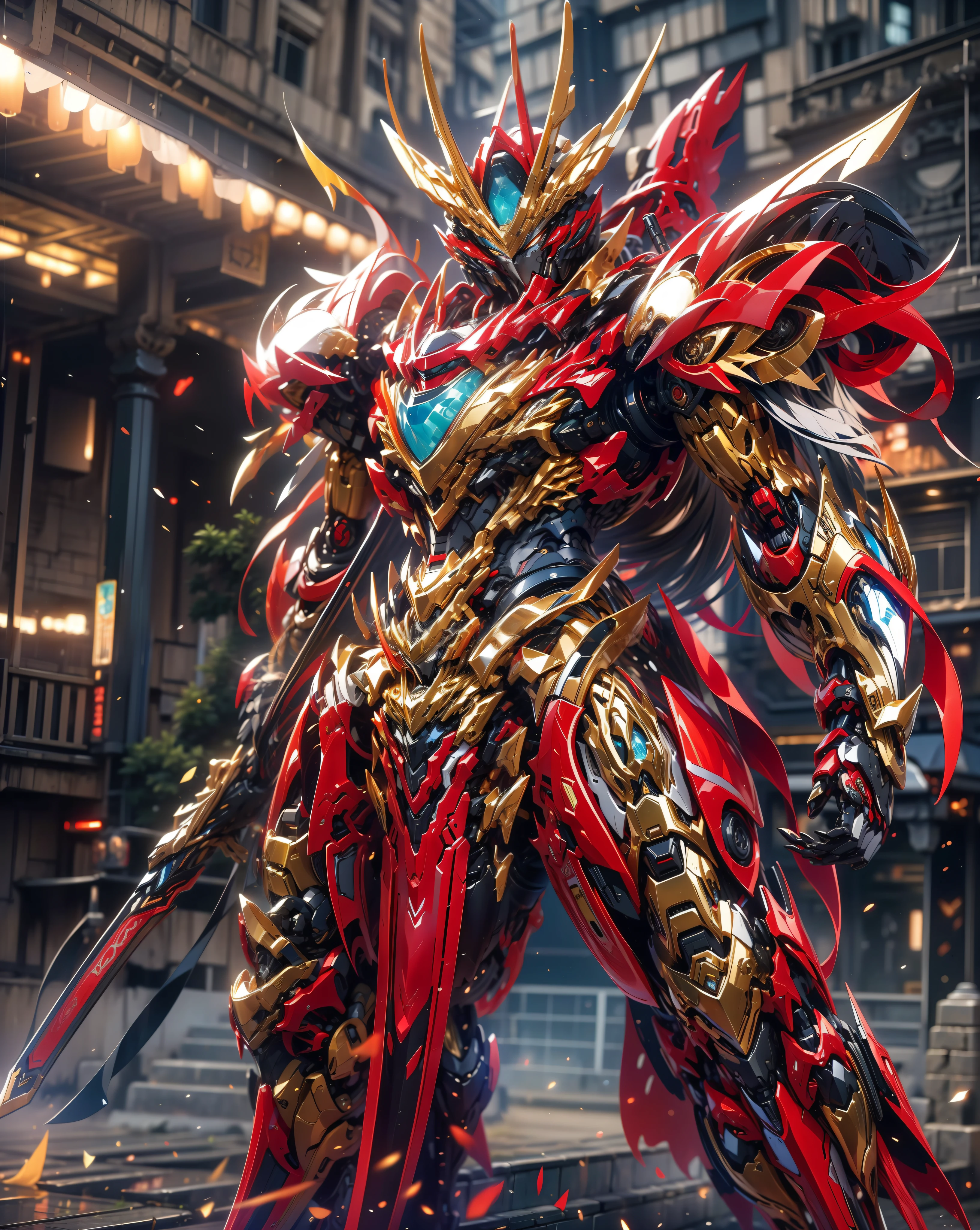 super wide shot, Full body frontal photo,Mecha male warrior,The heroic demeanor of the Three Kingdoms,《Mech color: Red Deep Series》,(《Romance of the Three Kingdoms》,《Lü Bu》,Holding Fang Tian's halberd in his hand,),(Full body mecha), Keqing from Genshin Impact, (Masterpiece) , The best quality, High quality,Gold armor,电影灯光, (Exquisite future), Beautiful and beautiful, Ultra detailed, great composition, Floating, Depth of field, (Very detailed CG,Unity 8k壁纸), (Beautiful detail background), dramatic lights, GOGETTA, Mecha,best qualtiy,Ultra-high 8K Ultra HD,digital SLR camera,high qulity,Film particle resolution,