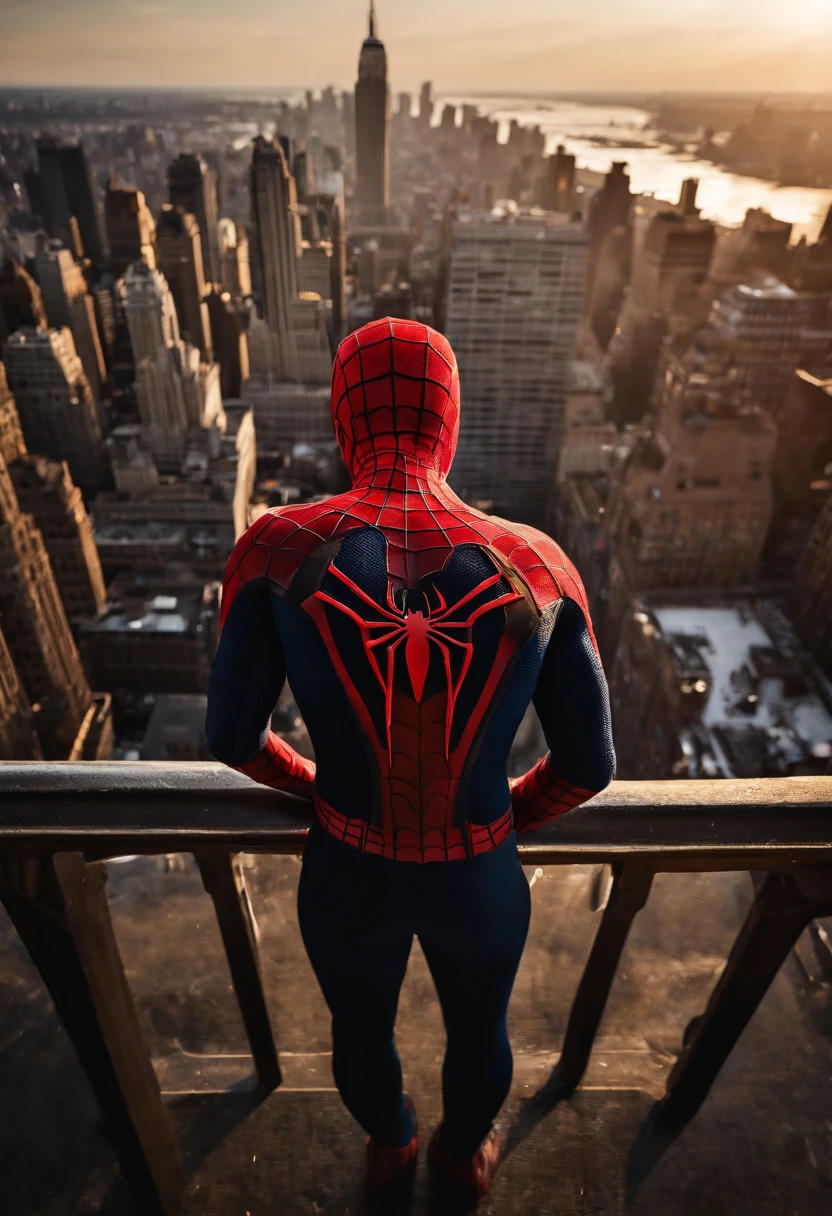 Spiderman standing ontop of the empire state building looking down on NYC as he holds on with one arm, cinematic, dramatic light, golden hour, haze