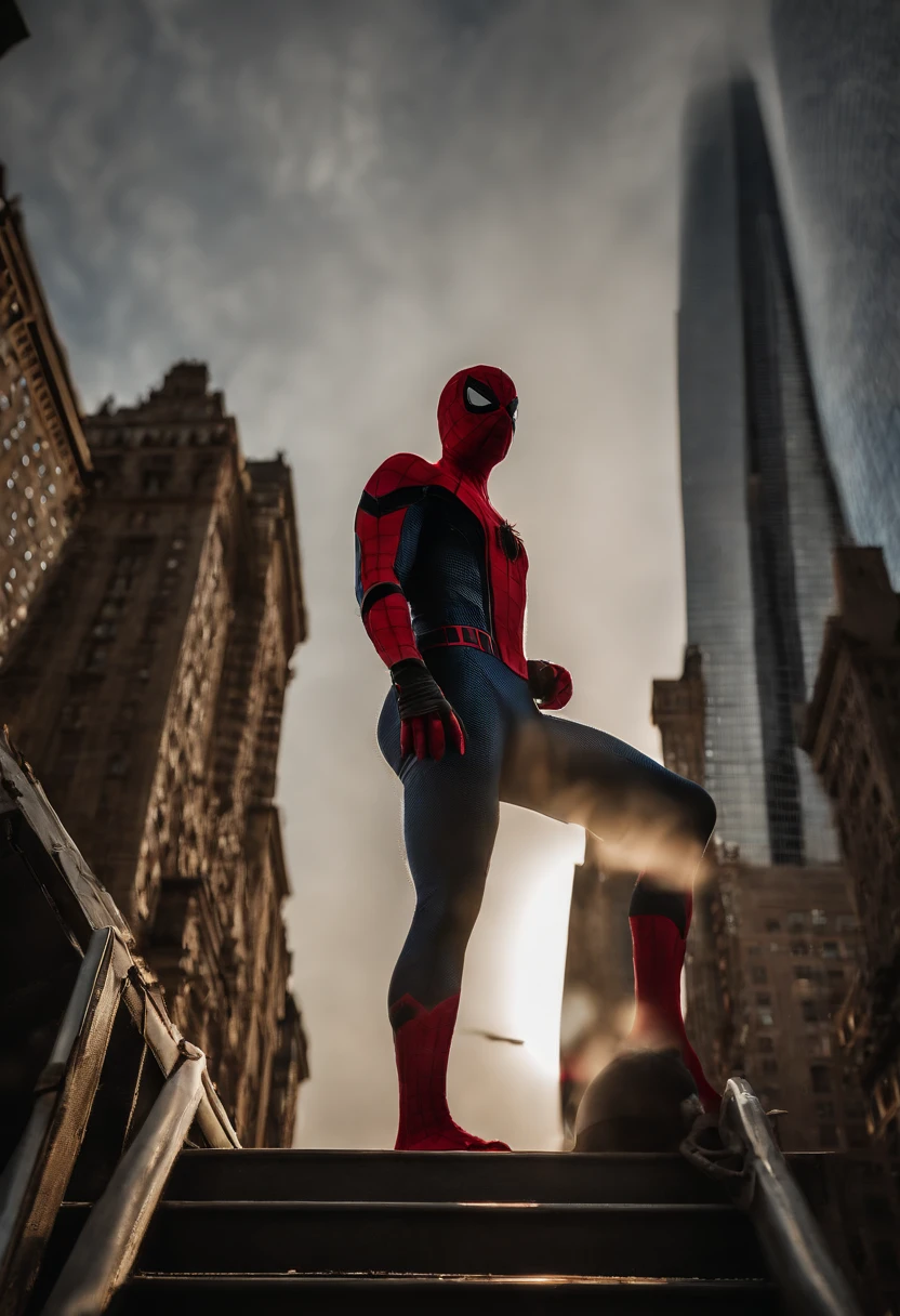 Spiderman standing ontop of the empire state building looking down on NYC as he holds on with one arm, cinematic, dramatic light, golden hour, haze