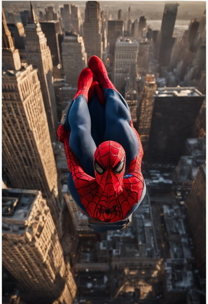 Spiderman standing ontop of the empire state building looking down on NYC as he holds on with one arm, cinematic, dramatic light, golden hour, haze