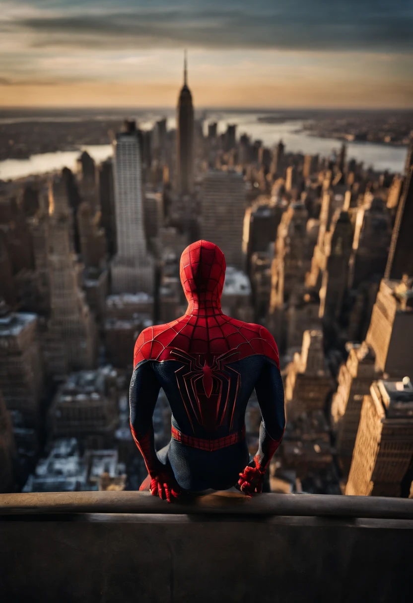 Spiderman standing ontop of the empire state building looking down on NYC as he holds on with one arm, cinematic, dramatic light, golden hour, haze