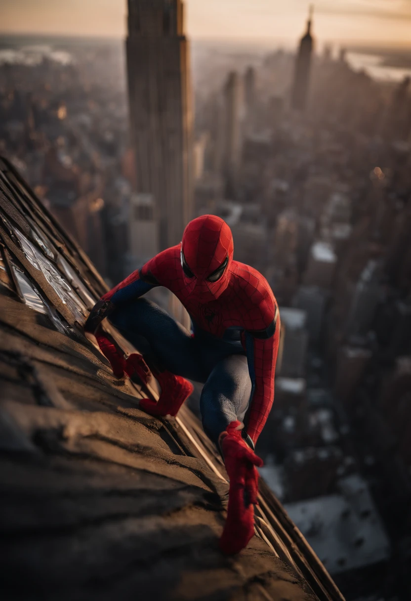 Spiderman standing ontop of the empire state building looking down on NYC as he holds on with one arm, cinematic, dramatic light, golden hour, haze