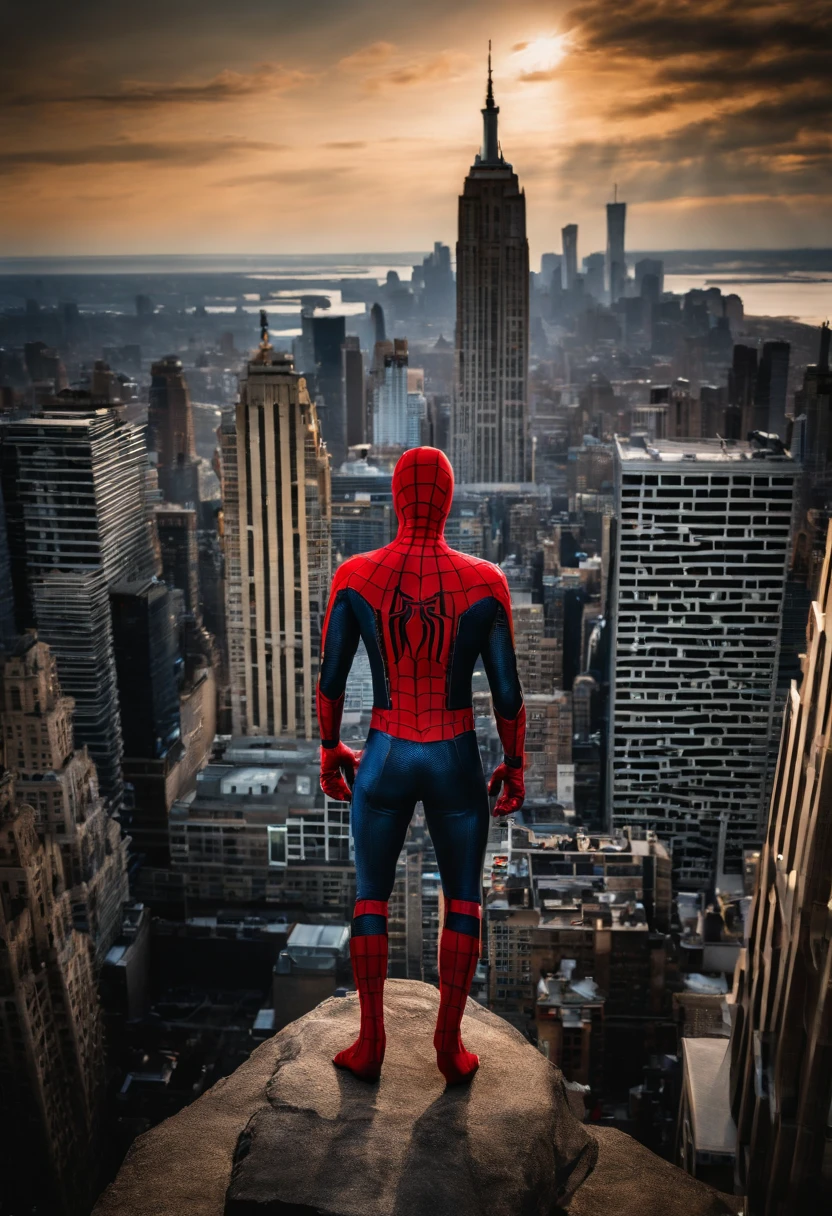 Spiderman standing ontop of the empire state building looking down on NYC as he holds on with one arm, cinematic, dramatic light, golden hour, haze