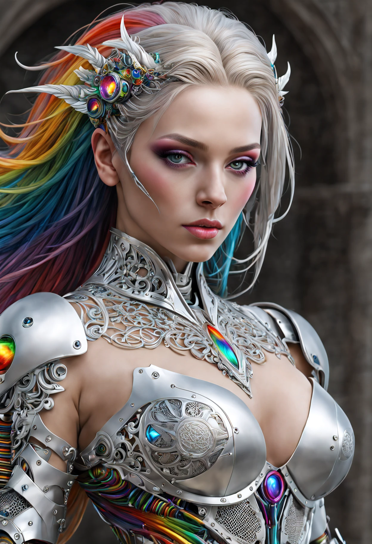 (((Top Quality: 1.4))),(Unparalleled Masterpiece),ultra high res,(Photorealsitic:1.4),surreal photography of a stunning beautiful cyborg female, rainbow hair, huge breast, (beauty and detailed armor), embraced, delicate white platinum filigree, intricate filigree, glowing, navel, highly detailed, intricate detailed, face symmetry, masterpiece, award-winning, sharp focus, concept art, octane render,(half body image:1.5)