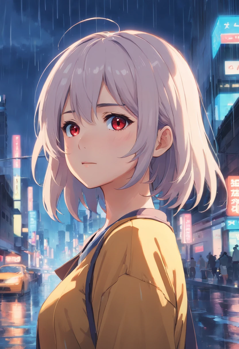 masutepiece, Best Quality, Extremely detailed, cinematic lightening, intricate detailes, hight resolution, Official art, Dense beautiful face and eyes, High resolution illustration, 8K, depth of fields, Bokeh, Solo, 1girl in, Girl with white hair and red eyes, long white hair, Beautiful red eyes, Beautiful Landscapes, Rainy city, Upper body, Looking at Viewer, close up