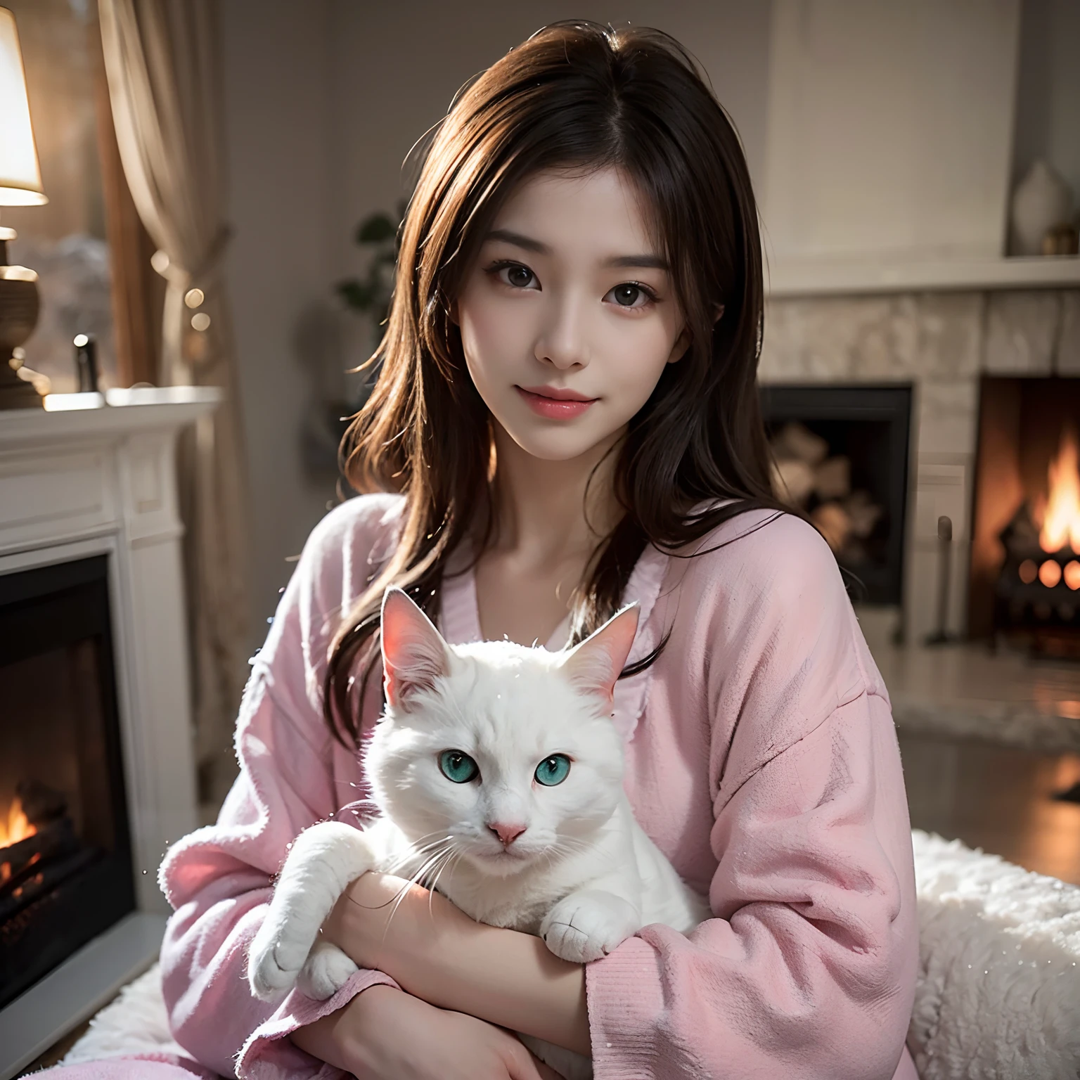 ​masterpiece, 1 beautiful girls, detaileds, top-quality, 超A high resolution, (Realistis: 1.4), OriginalPhotographs, 电影灯光, A smile, Asian Beauty, very extremely beautiful, Slightly younger face, Beautiful skins, slender, (A hyper-realistic), (hight resolution), (8K), (ighly detailed), (The best illustrations), (beautifully detailed eyes), (ultra-detailliert), (wall-paper), (详细的脸), fine detailed, A detailed face、pureerosfaceace_v1、46-point diagonal bangs、(beautidful eyes:1.5）(Photorealsitic:1.5)、Raw foto、1girl in、deep-shadows、With a sweet look、(Okappa:1.5) Super Detail, Textured skin, tre anatomically correct、masutepiece、(Snowy mountains at night:1.5)、(In front of the fireplace in the room:1.5)、(White and pink fluffy loungewear:1.5)、(In the whole body diagram:1.5)With a cat