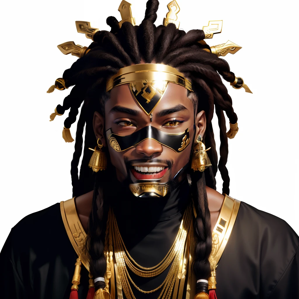 Oki mask with gold teeth on a black man with dreadlocks