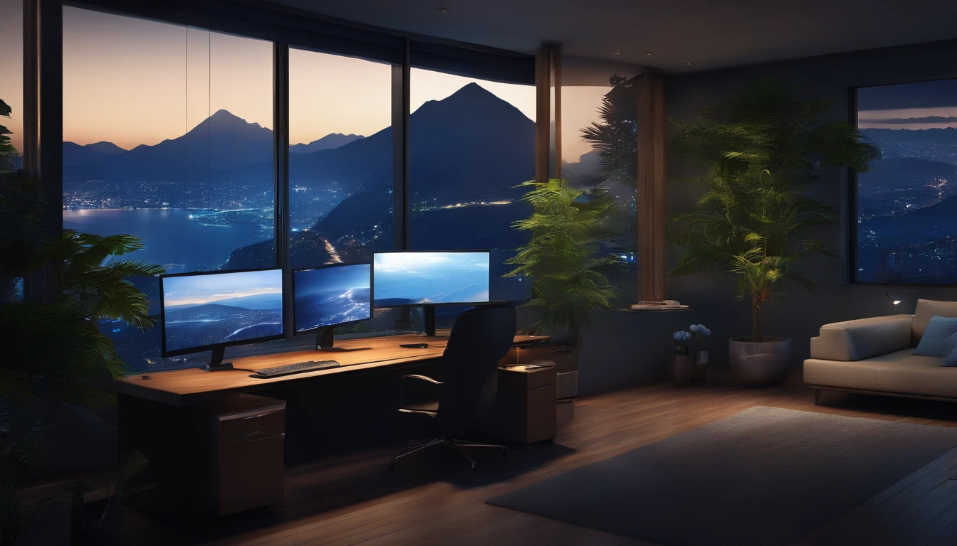 (Best quality,A high resolution:1.2),Ultra-detailed,professional,Anime landscape,nighttime scene,Computer desk,Modern and stylish computer,elegant design,Elegant screen,Cool blue lighting,the wallpaper,Highly detailed