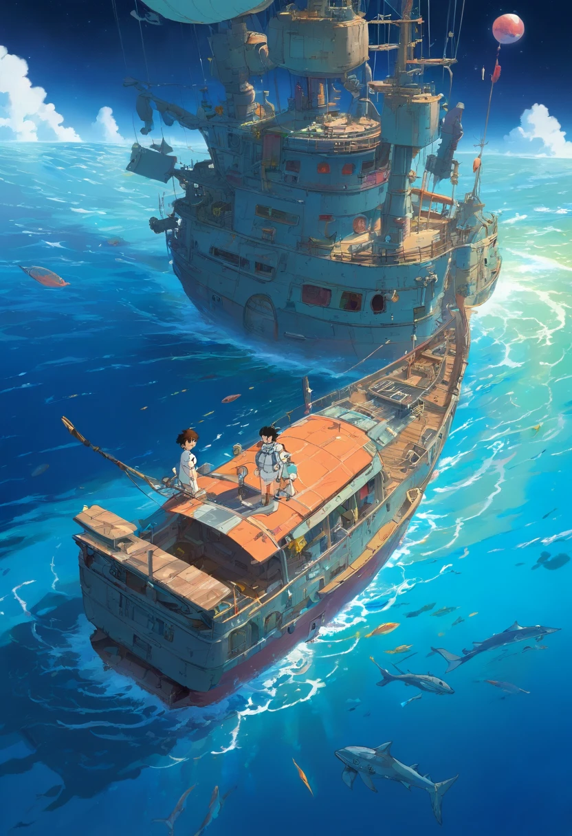 A painting of two people on a boat in the ocean - SeaArt AI