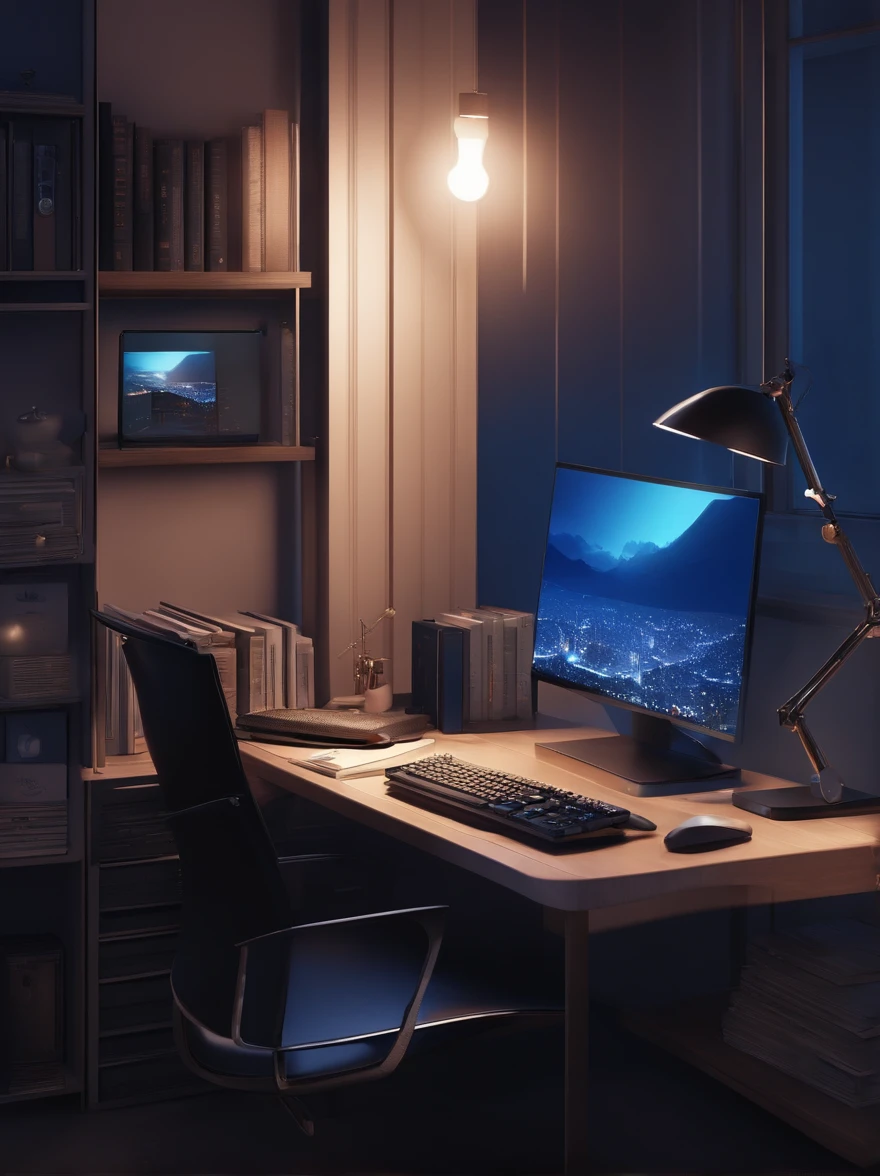(Best quality,A high resolution:1.2),Ultra-detailed,professional,Anime landscape,nighttime scene,Computer desk,Modern and stylish computer,elegant design,Elegant screen,Cool blue lighting,the wallpaper,Highly detailed