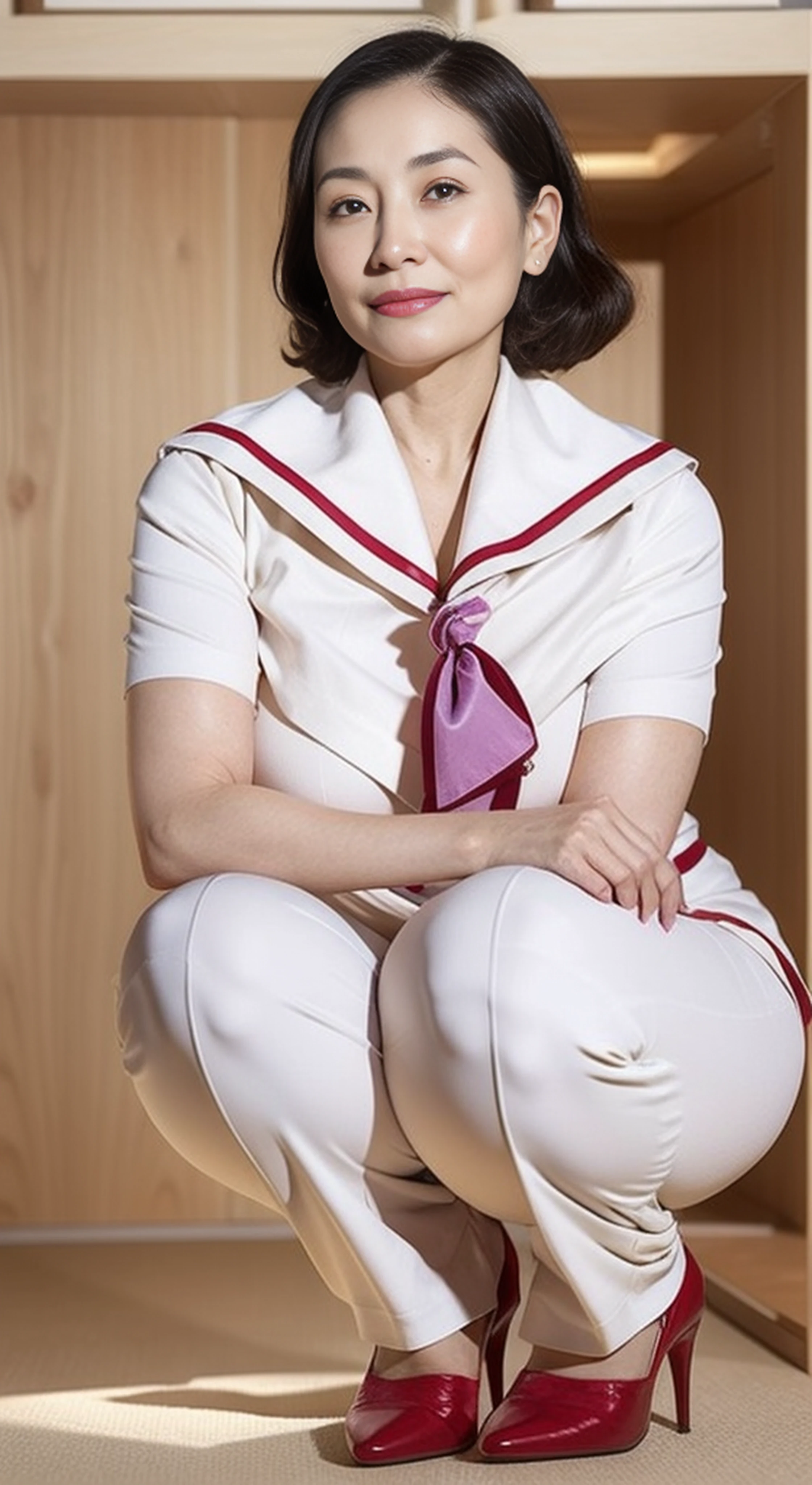 80 years old，lipsticks，There are a lot of wrinkles on the face，Squat in the corner，plumw，Large breasts，tight-fitting，cleanness，exposing your navel，showing waist，Large breasts，big cuvy hips，Purple top，Big breasts，skin-tight short-pants，Thighs white，Good skin radiance，tight-fitting，All exposed to the navel，Female，big pelvis，Full body photo，Black heels，Long legs with white skin，Shiny，mature pretty woman，cleanness，无袖，Do not show your breasts， Be conservative in the picture，Smile，Daylight，Looks like 1.8 meters tall，Large breasts，big cuvy hips，Thin waist，Many wrinkles， Long legs，skin hyper-detail，Clear pores，in a panoramic view，Cocked buttocks，Mature at 90 years old，A noble and elegant Japanese woman, Perfect face, Fantastic look, (Detailed facial features), Clean and nice face，Photorealistic, Sharp focus, Wavy hair, Wrinkles at the corners of the eyes,