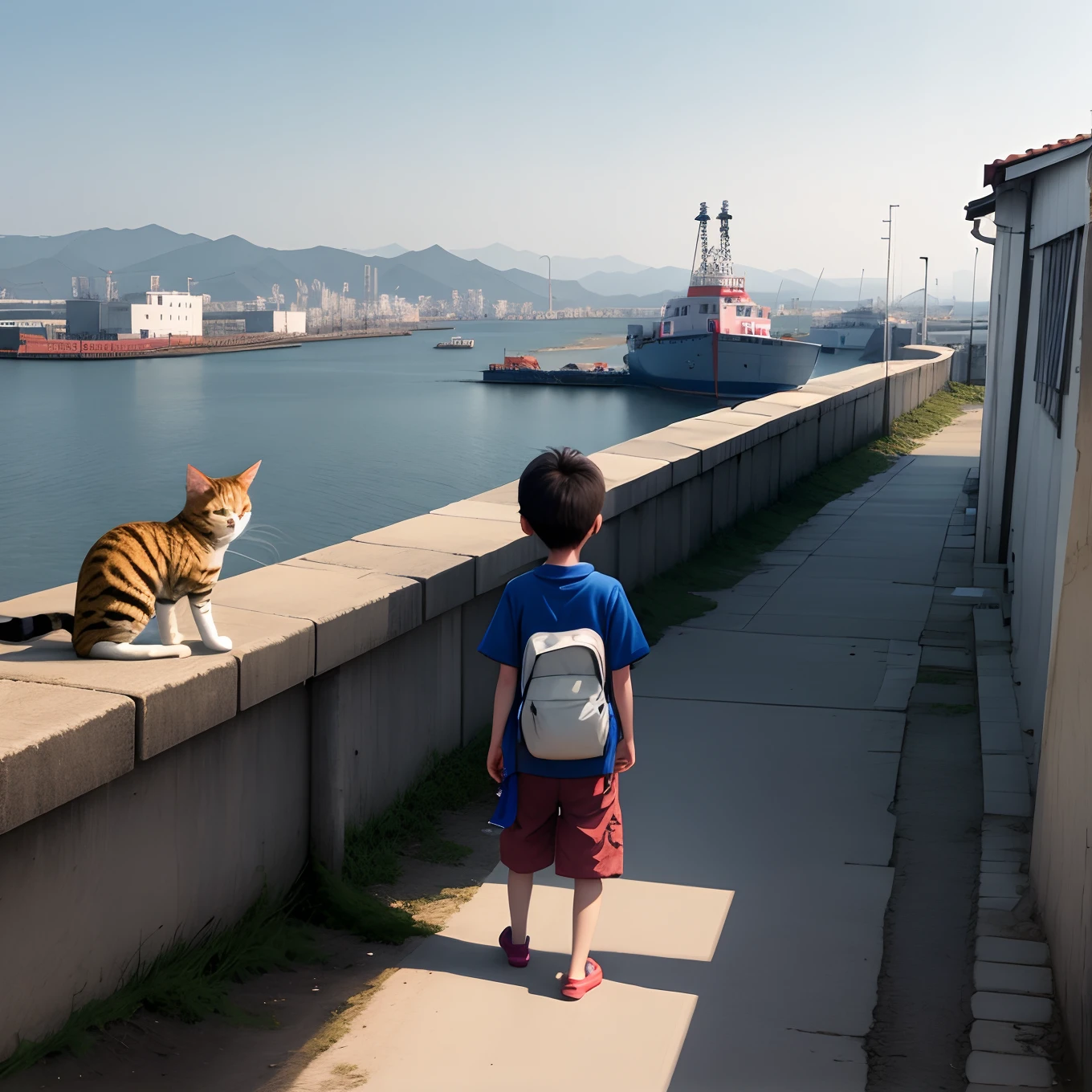 early evening、There is a boy and a cat in the seaside port、A factory can be seen in the distance.