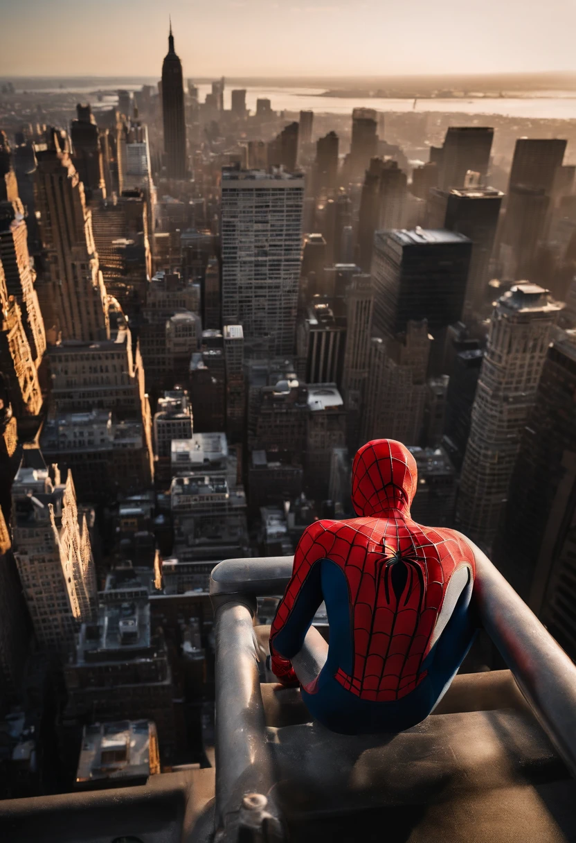 Spiderman standing ontop of the empire state building looking down on NYC as he holds on with one arm, cinematic, dramatic light, golden hour, haze