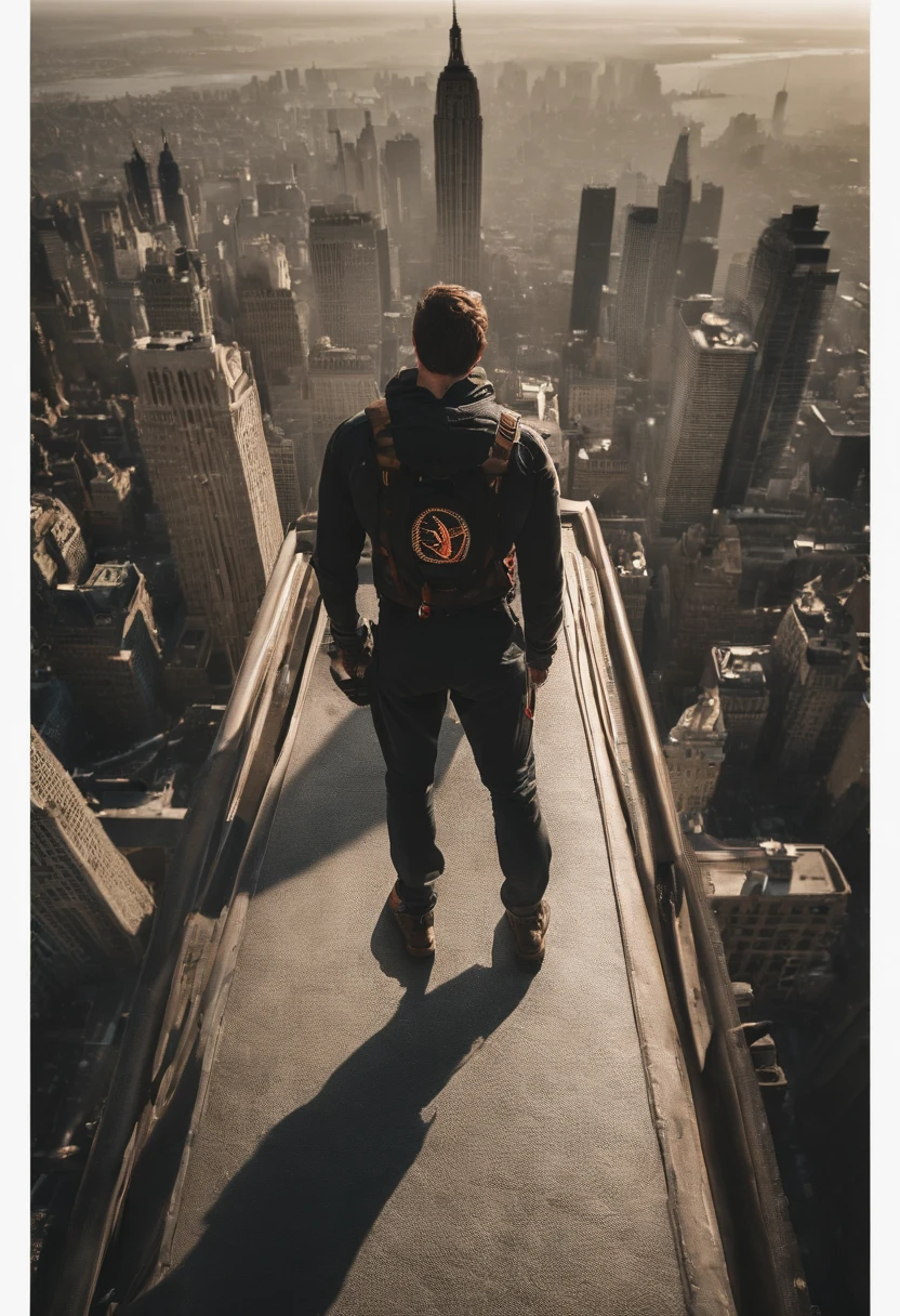 Spiderman standing ontop of the empire state building looking down on NYC as he holds on with one arm, cinematic, dramatic light, golden hour, haze