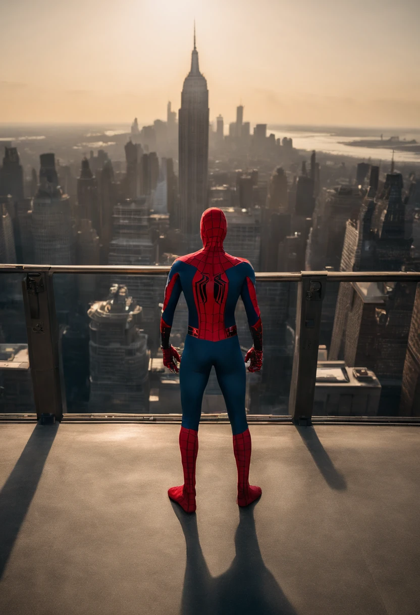 Spiderman standing ontop of the empire state building looking down on NYC as he holds on with one arm, cinematic, dramatic light, golden hour, haze
