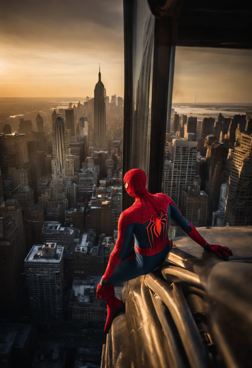 Spiderman standing ontop of the empire state building looking down on NYC as he holds on with one arm, cinematic, dramatic light, golden hour, haze