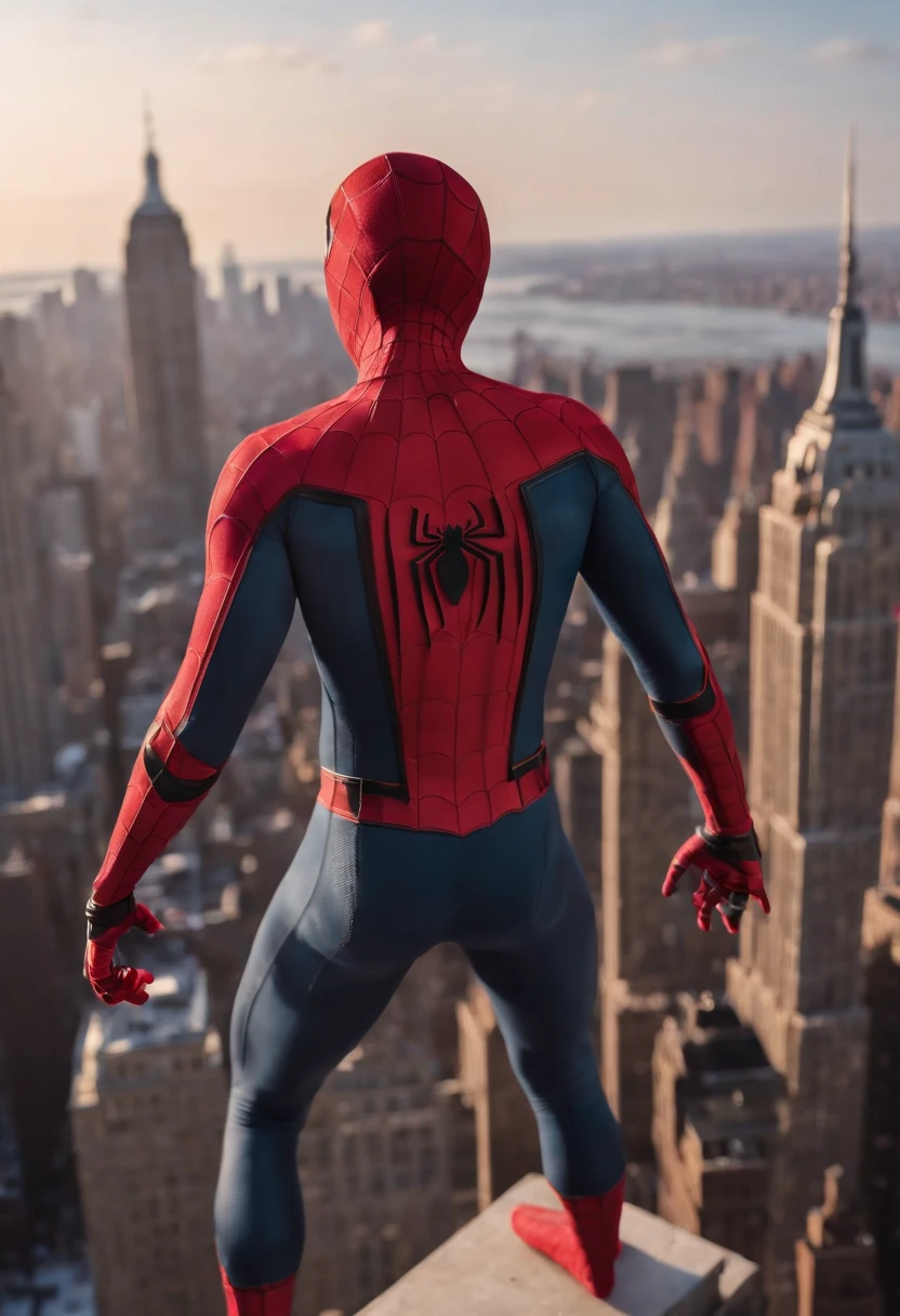 Spiderman standing ontop of the empire state building looking down on NYC as he holds on with one arm, cinematic, dramatic light, golden hour, haze