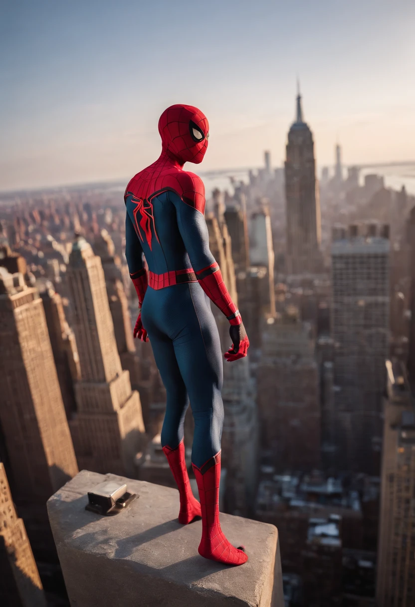 Spiderman standing ontop of the empire state building looking down on NYC as he holds on with one arm, cinematic, dramatic light, golden hour, haze