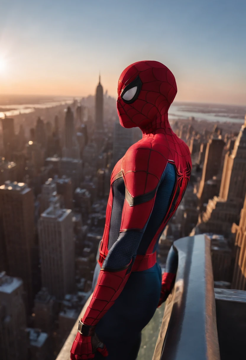 Spiderman standing ontop of the empire state building looking down on NYC as he holds on with one arm, cinematic, dramatic light, golden hour, haze