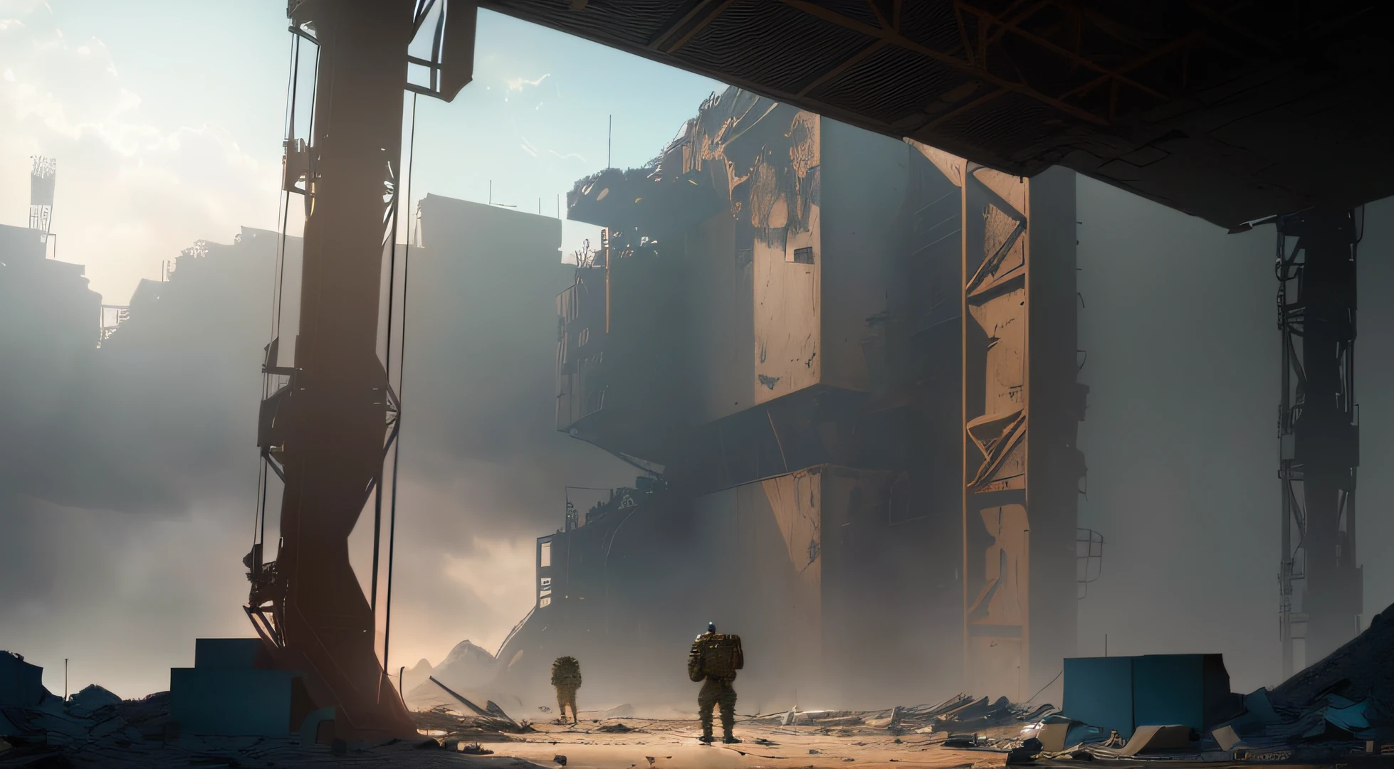 A man stands in a building in the midst of the rubble, digital painting concept art, oil paint concept art, Unreal Engine Digital Painting, Painting conceptual art, environment painting, Digital 4K painting, color study, concept art scene, painted as a game concept art, rendered in high resolution, Digital painting in 4K, Digital painting in 4K(Best quality,4K,8K,A high resolution,Masterpiece:1.2),Ultra-detailed,(Realistic,Photorealistic,photo-realistic:1.37),A group of people stand around a giant robot,A golden life-size mech,Combat technique style,discarded mech in background,Concept art inspired by Apex Legends,A national anthem inspired by the national anthem game,Huge mech,Golden mech,Soldiers fight mechs,Combat skills,Mecha at the edge of the Pacific Ocean in the background,Comic-style mech,Engineers build huge mechs,mech concept art，The background is inside a military factory