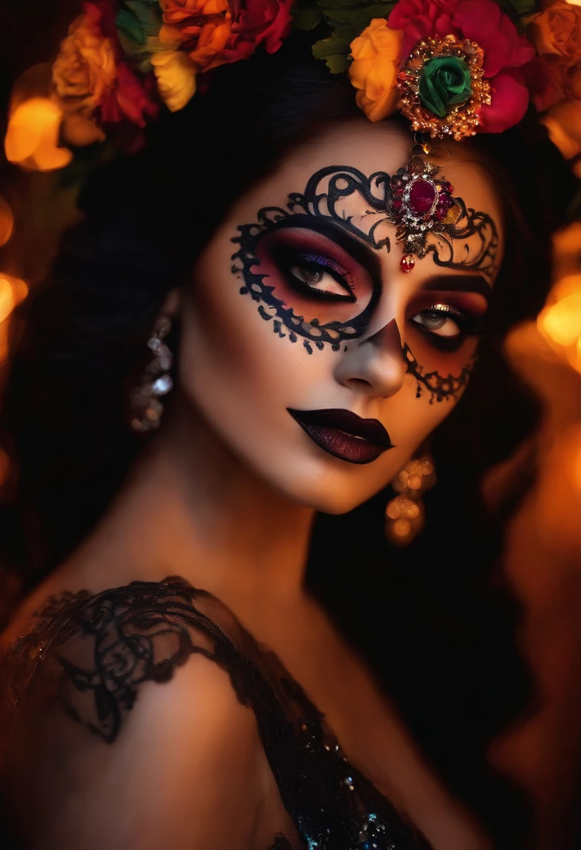 Mujer joven maquillaje. Catrina Mexico Halloween Mystery, horripilante, Pesadilla, colores muy brillantes, light particles, con luz brillante, Mshiff, Arte de papel pintado, Fondo de pantalla UHD