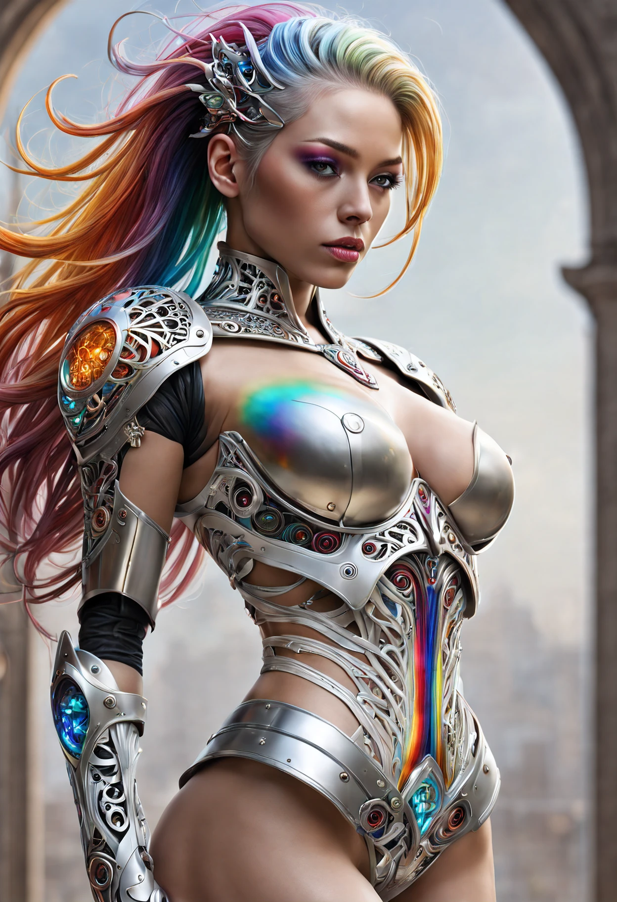 (((Top Quality: 1.4))),(Unparalleled Masterpiece),ultra high res,(Photorealsitic:1.4),surreal photography of a stunning beautiful cyborg female, rainbow hair, huge breast, (beauty and detailed armor), embraced, delicate white platinum filigree, intricate filigree, glowing, navel, highly detailed, intricate detailed, face symmetry, masterpiece, award-winning, sharp focus, concept art, octane render,(half body image:1.5)