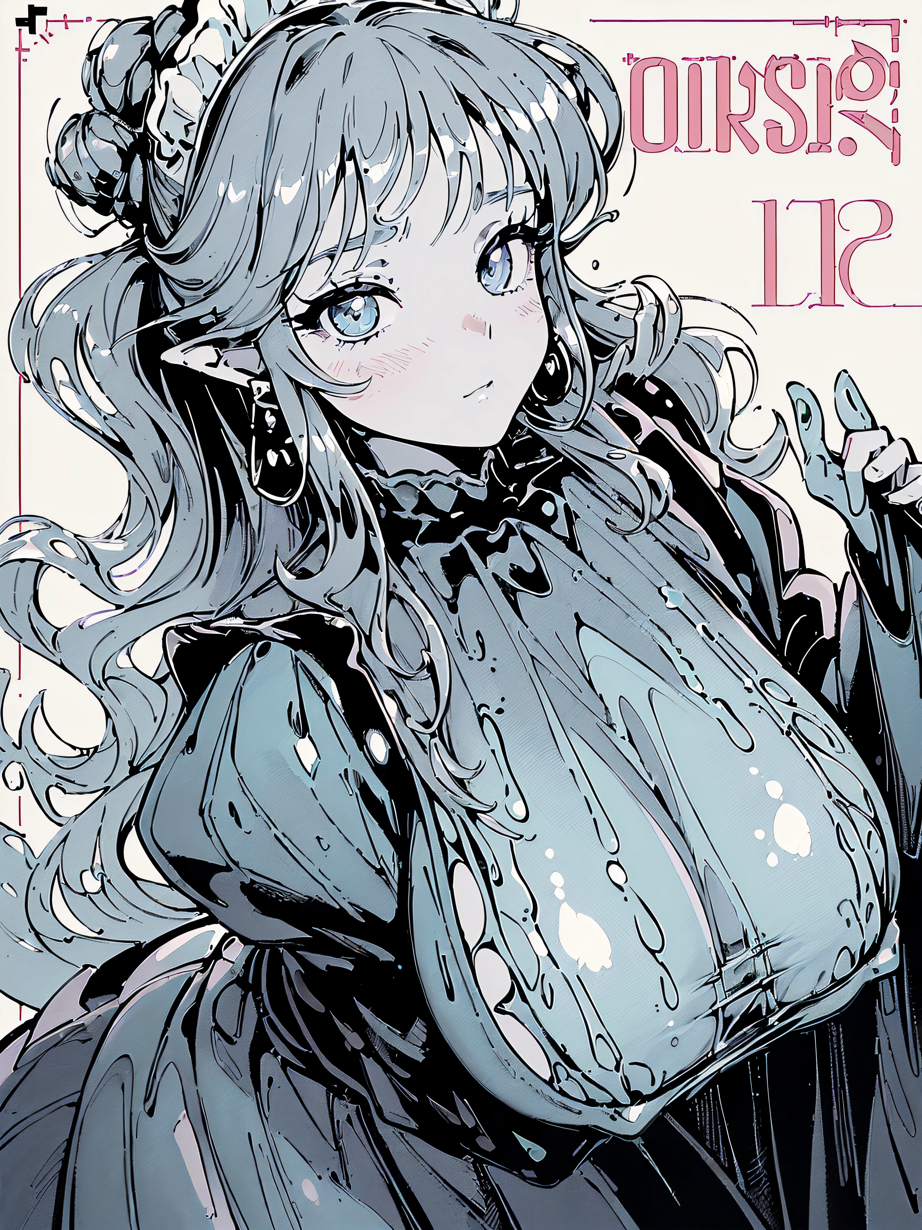 ((((((maid apron, puffy long sleeves, frilld, bangs, on the flower bed,))))))((((Blush:1.2,Loose cuffs,))))(((((((Monochrome world, Use only white shades, sapphire and black, shining, geomerty:1.2, ))))))),((1girll,mature,Amazing,Sharp focus,seductive lady,Solo,From above:1.3,Loose knitwear,formal dress,thigh band,))(Masterpiece,Best quality, offcial art, Beautiful and aesthetic:1.2),((hyper HD,ore,Golden ratio,)) (16k),((Upper lens,Facial closure:1.2,focus onface:1.2,Vampire, (((slime-liked breasts))), (((Sagging breasts))))),(Physically-based rendering),Sharp focus, (((highdetailskin,))),intricate outfits,Delicate pupils,Cardiac pupils,Danfeng Eyes,((((detailed hairs|Long hair|Long bold side bangs|Cover your eyes|Naturally curly|Disheveled hair)))),Slender,(masterpiece sidelighting),(The sheen),(Beautiful hair,Beautiful eyes,)((unbelievable Ridiculous,)),((extremely_Detailed_Eyes_and_face)),AV actor,(Dynamic configuration: 1.2),Brilliant,Glossy, (Photorealistic), ((Metal earrings)), two-sided fabric,Ultra-precise depiction, Ultra-detailed depiction,