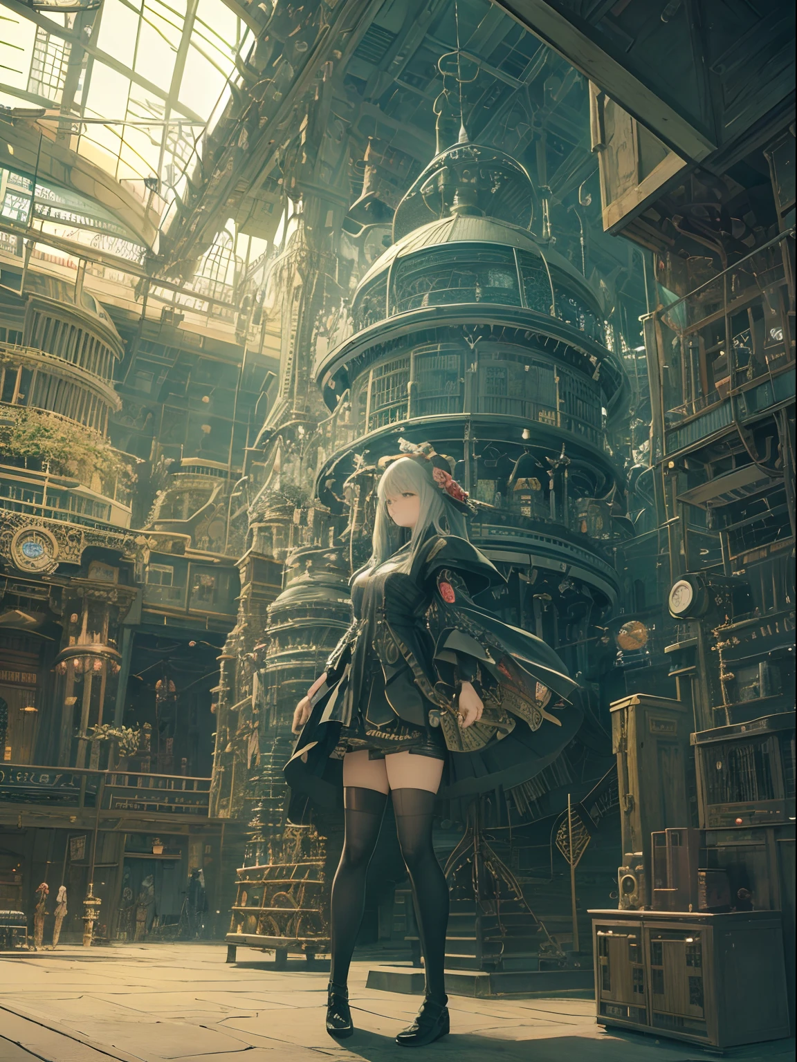Michael Sparks, Heinrich Lefler, Surreal, mysterious, strange, fantastical, fantasy, Sci-fi, Japanese anime, world inside the clock, time cat, exploring miniskirt beautiful girl, perfect volume body, gears, machines, wires, tubes, connected earth, hyper detailed masterpiece high resolution definition quality, depth of field, cinematic lighting