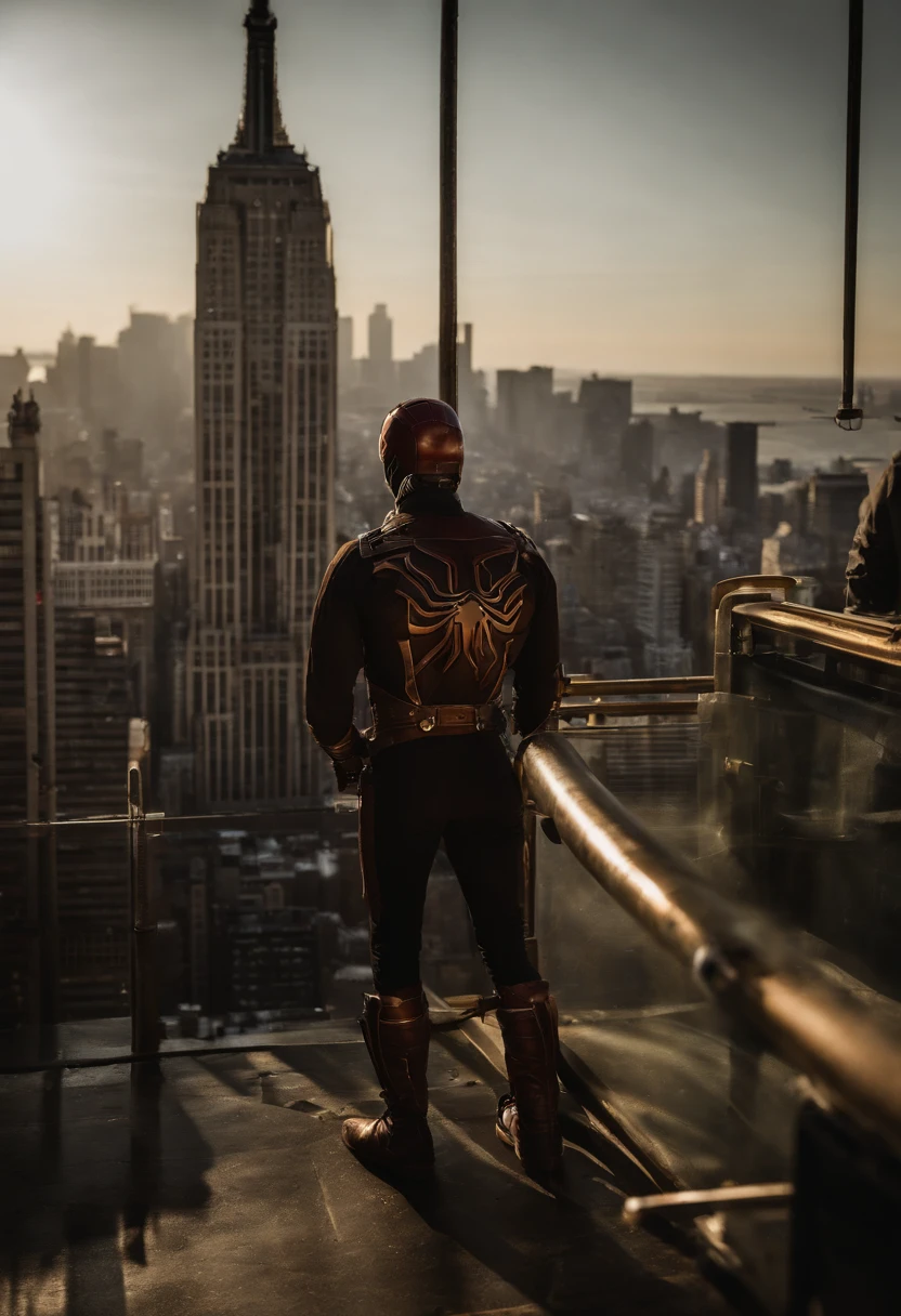 Spiderman standing ontop of the empire state building looking down on NYC as he holds on with one arm, cinematic, dramatic light, golden hour, haze