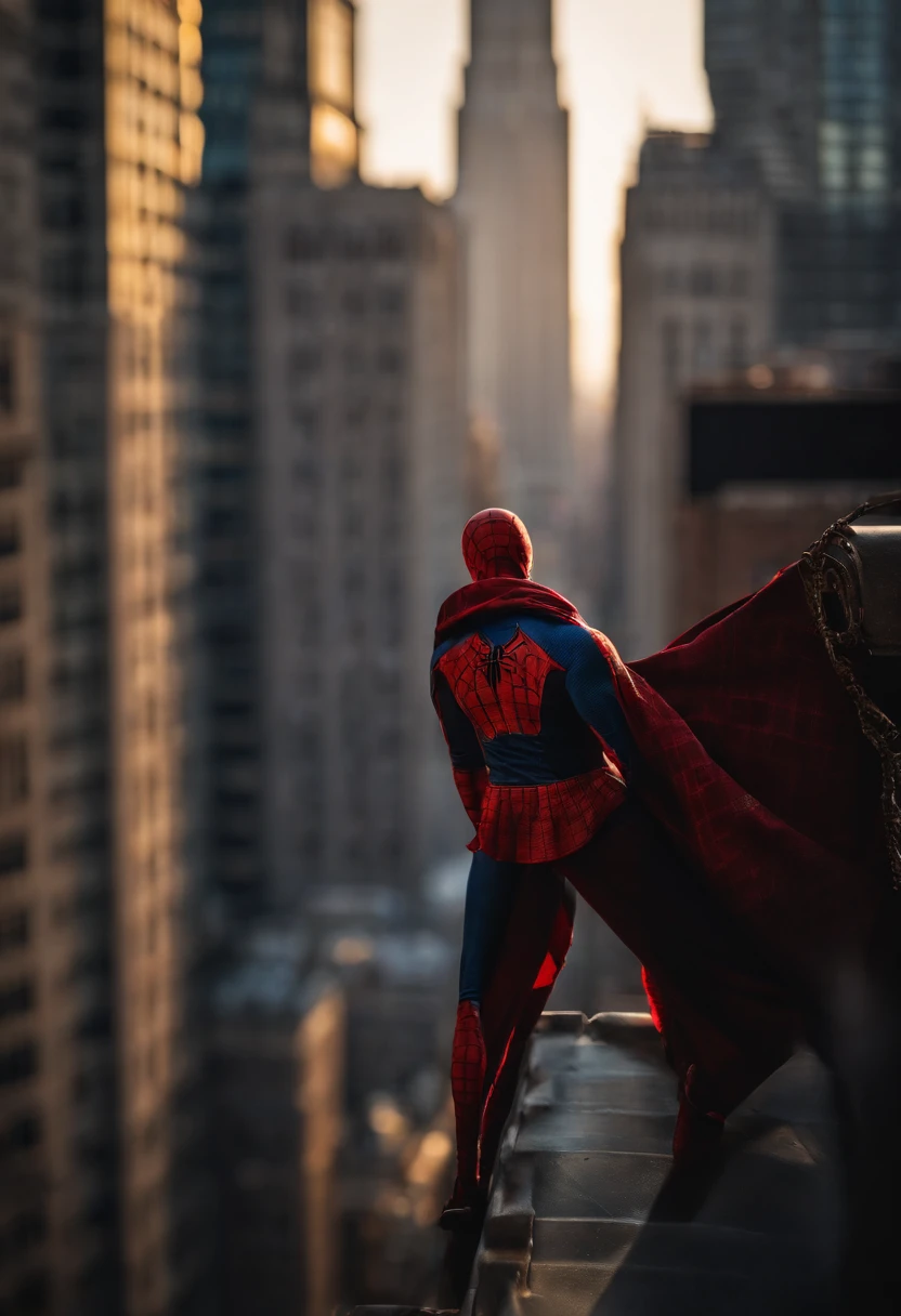 Steampunk spiderman standing ontop of the empire state building looking down on NYC as he holds on with one arm, cinematic, dramatic light, golden hour, haze