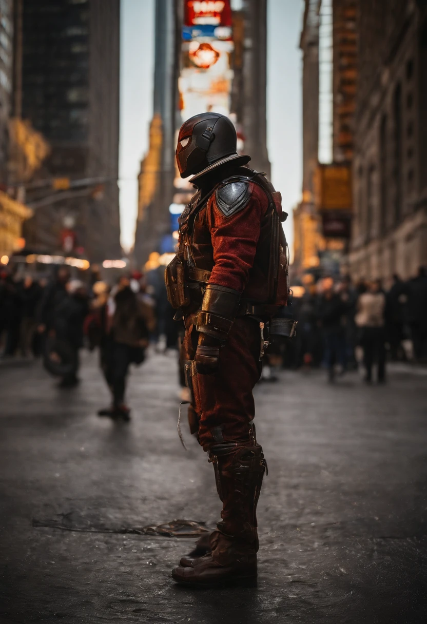Steampunk spiderman standing ontop of the empire state building looking down on NYC as he holds on with one arm, cinematic, dramatic light, golden hour, haze