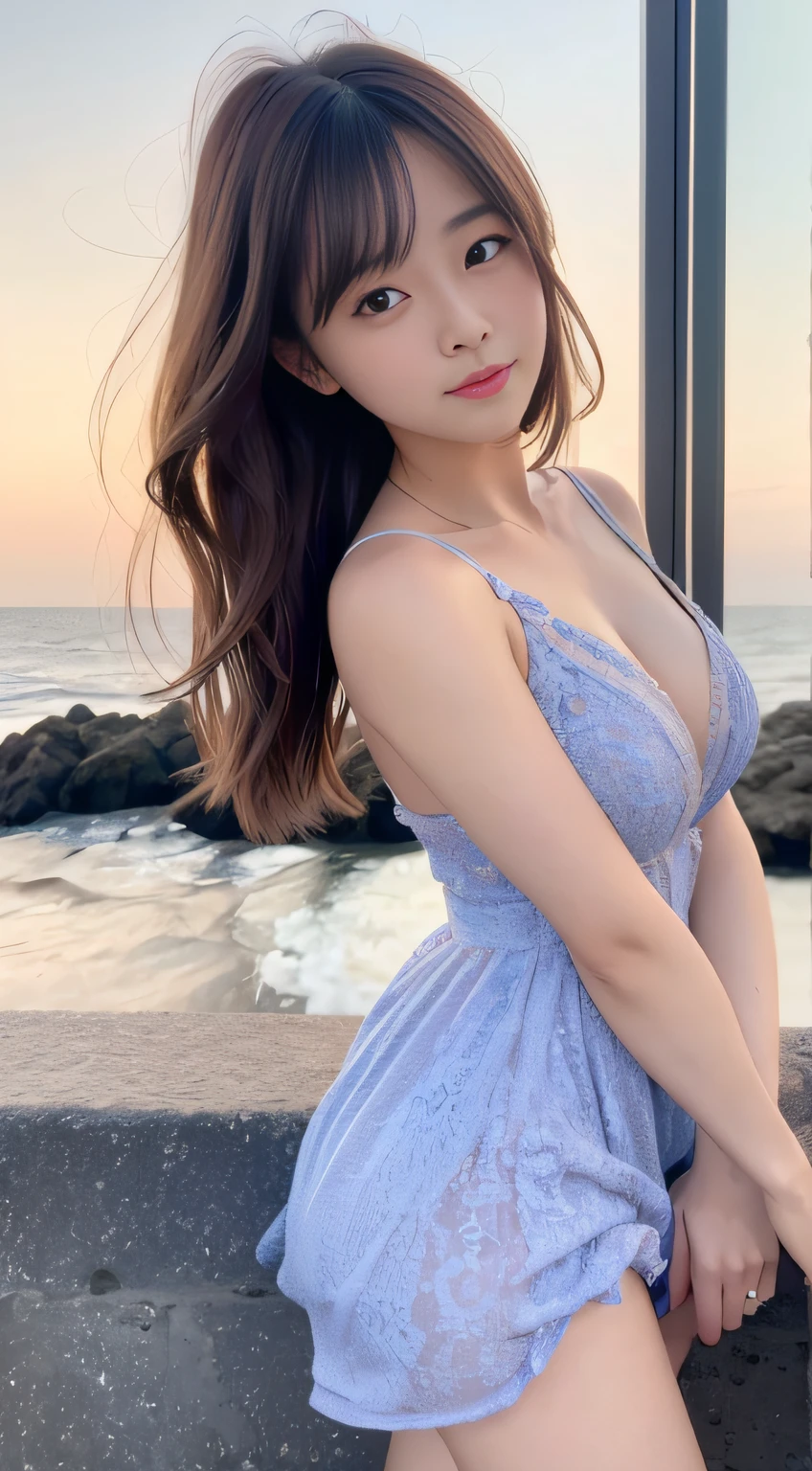 top-quality、​masterpiece、ultra res、a beauty girl、night seaside、cute girl face、party dress、is wearing dress、full bodyesbian、Famous actresses of Japan、very beautiful face、A sexy